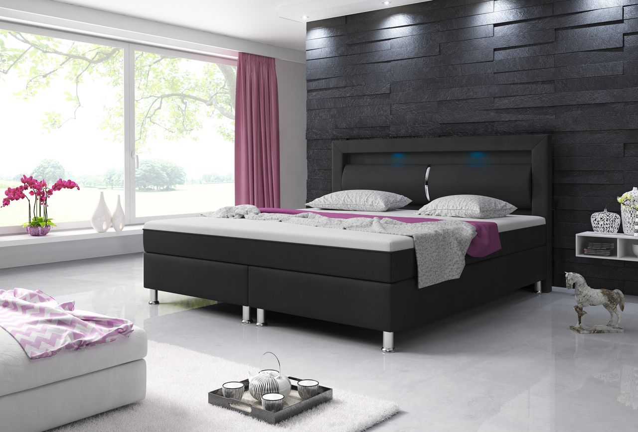 IHG Boxspringbett MILANO 180x200 Kunstleder Schwarz TYP 6 mit integriertem Topper