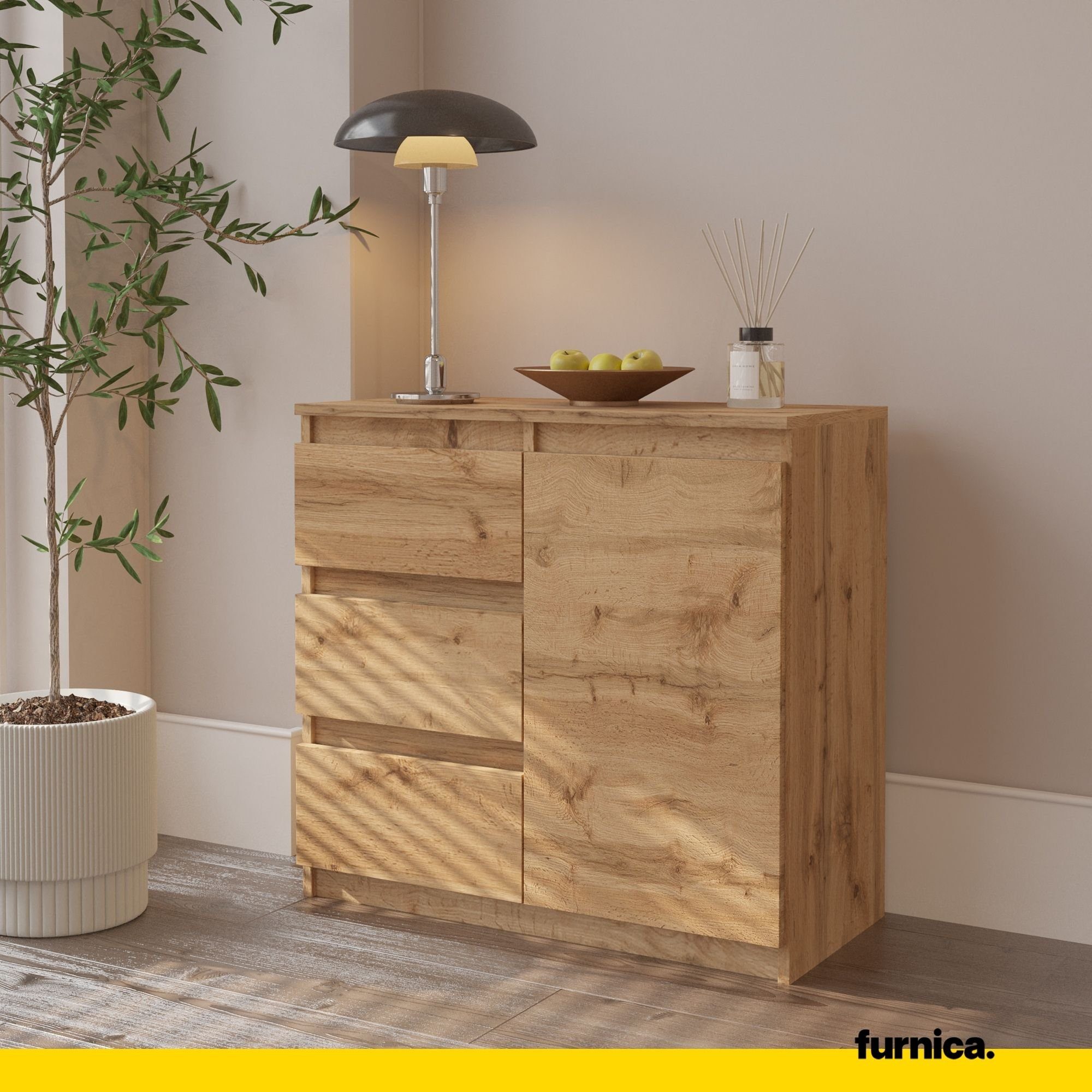 Furnica Kommode MIKEL, 3 Schubladen und 1 Tür - Votan Eiche H75cm B80cm T35cm (1 St)