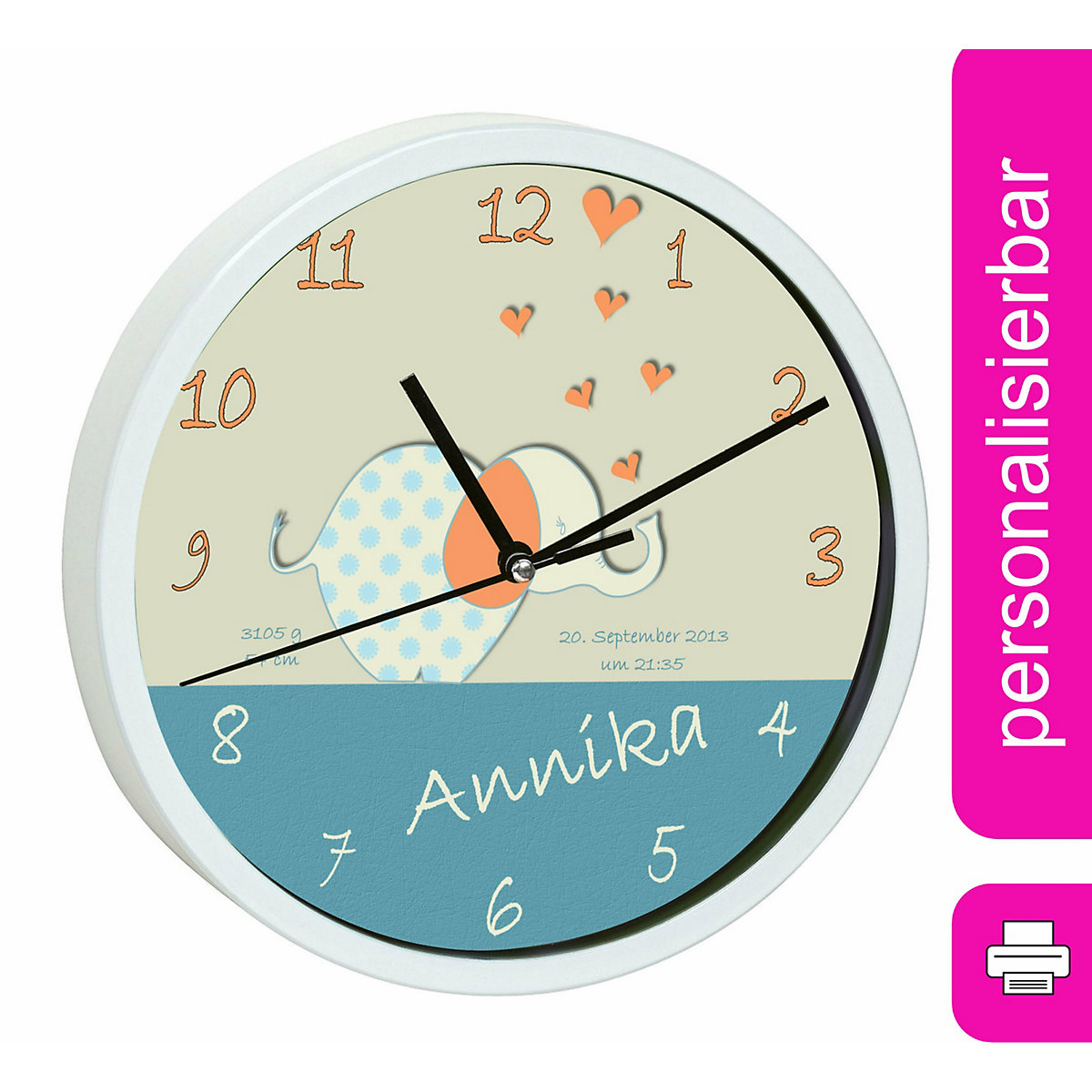 Kinder Wanduhr personalisiert mit Name Elefant orange blau