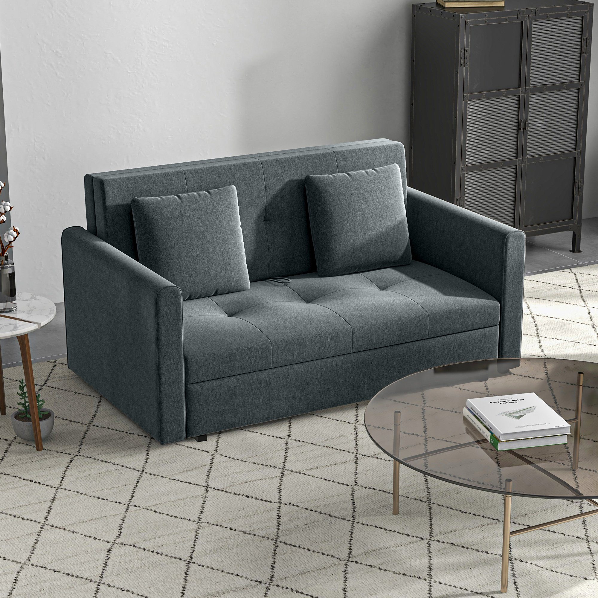HOMCOM Schlafsofa Sofa mit Bettfunktion, Polstersofa mit Stauraum, Schlafcouch, 2-Sitzer Sofa 1 Teile, für Wohnzimmer, Polycotton, Holz