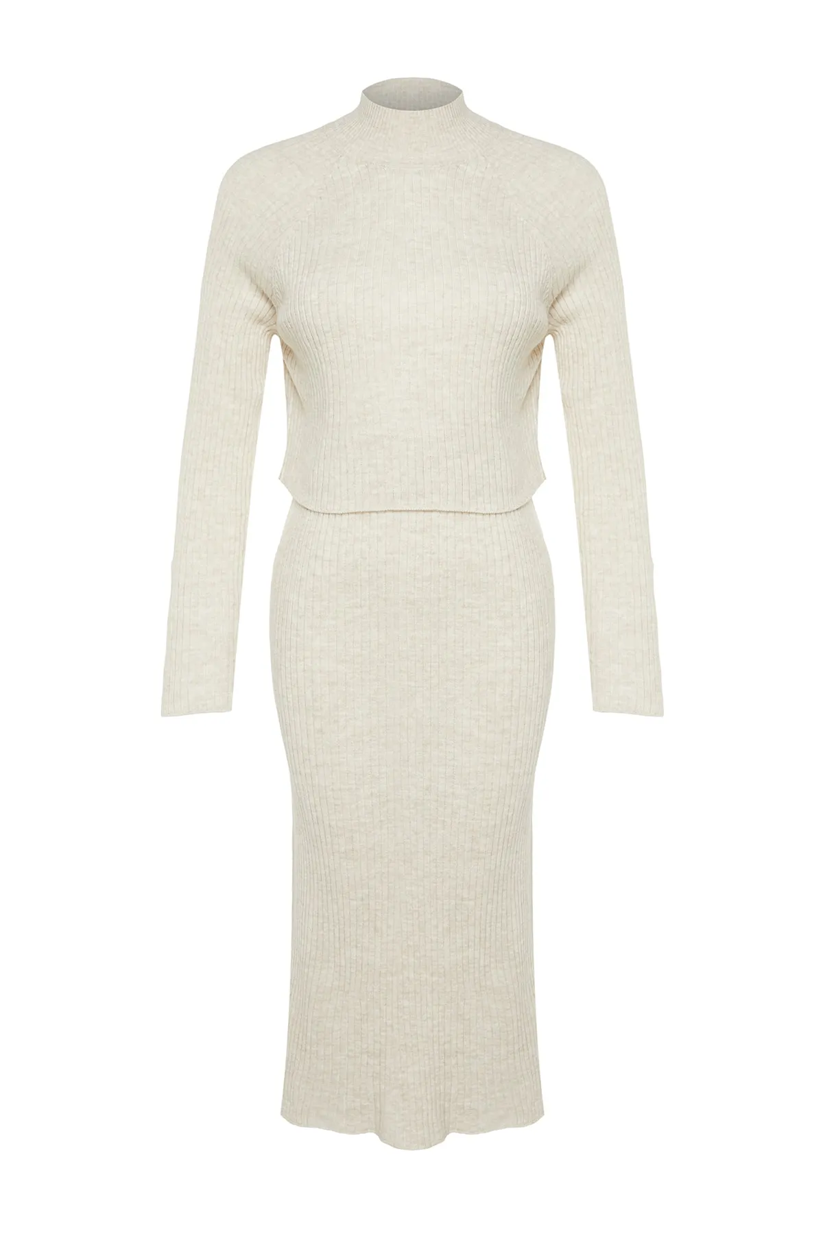 Trendyol Collection  Beiges Crop Basic Strickoberteil und -unterteil im Set TWOAW23AU00170