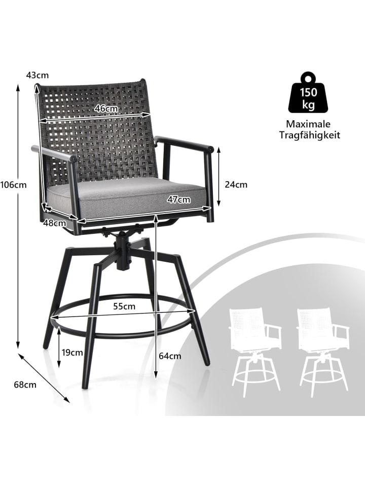 COSTWAY 2er Set Barhocker mit 2-lagiger PE-Rattan-Rückenlehne in Schwarz günstig kaufen onesize