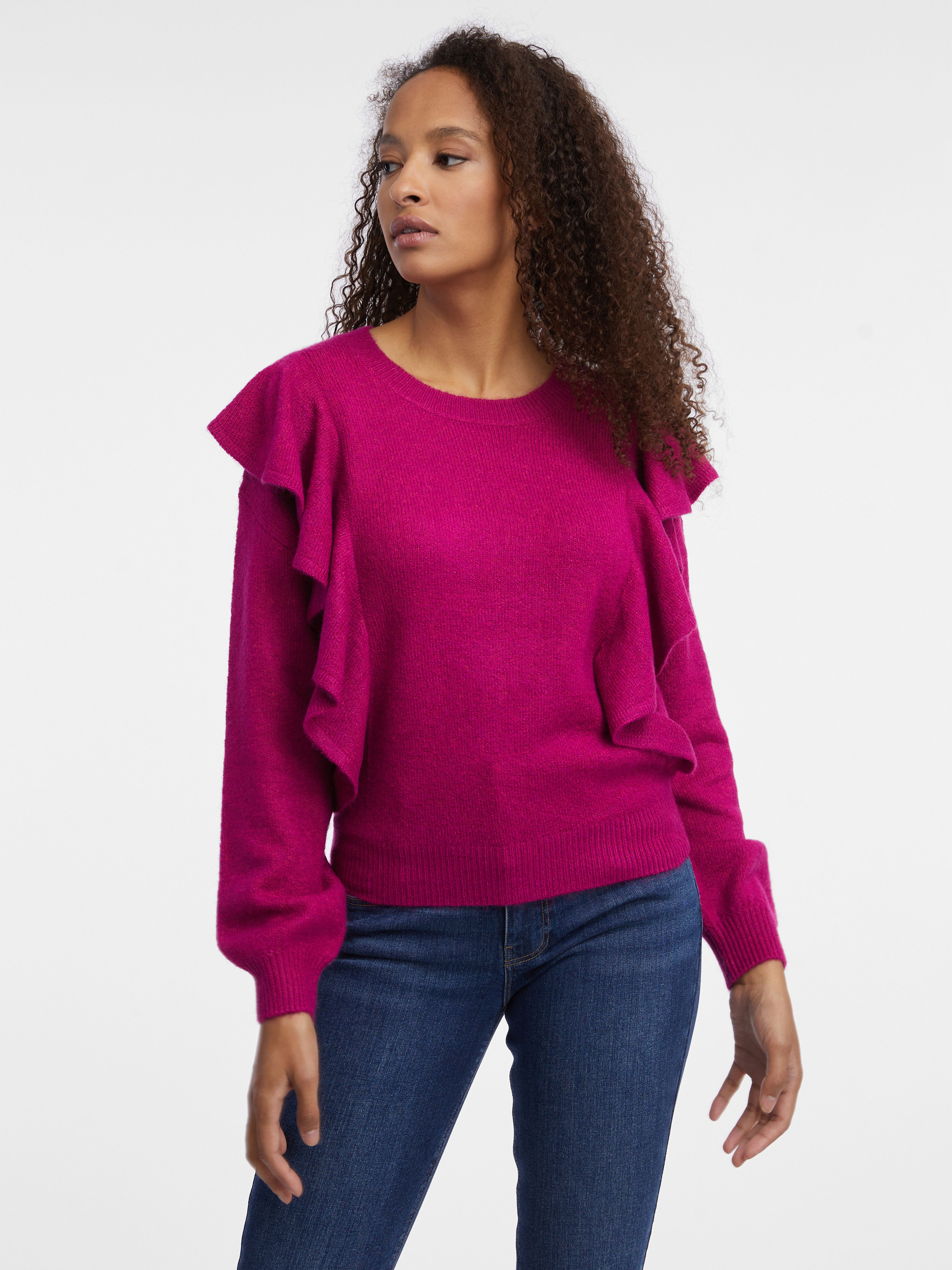 Dunkelrosa Damenpullover mit Rüschen ORSAY