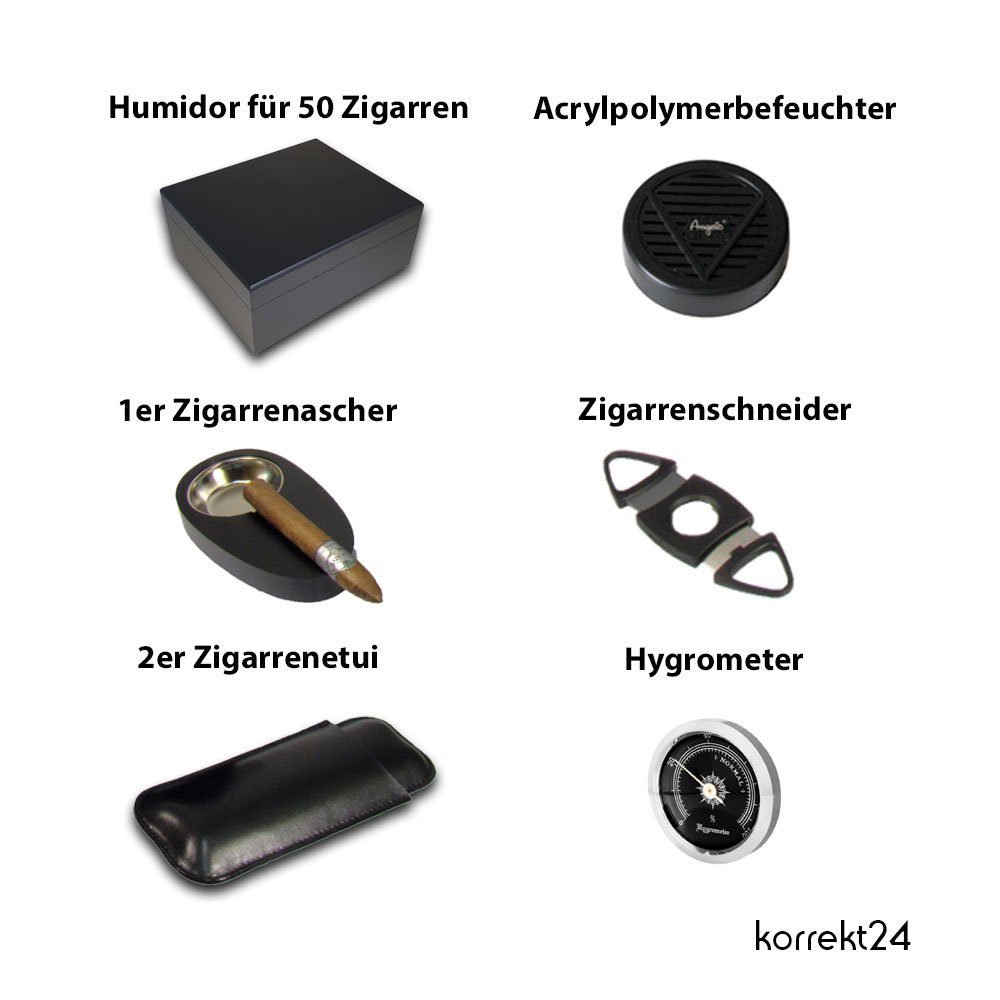Coumo Humidor Edles Schwarzes Geschenk Set, Für ca. 50 Zigarren, Schneider, Etui