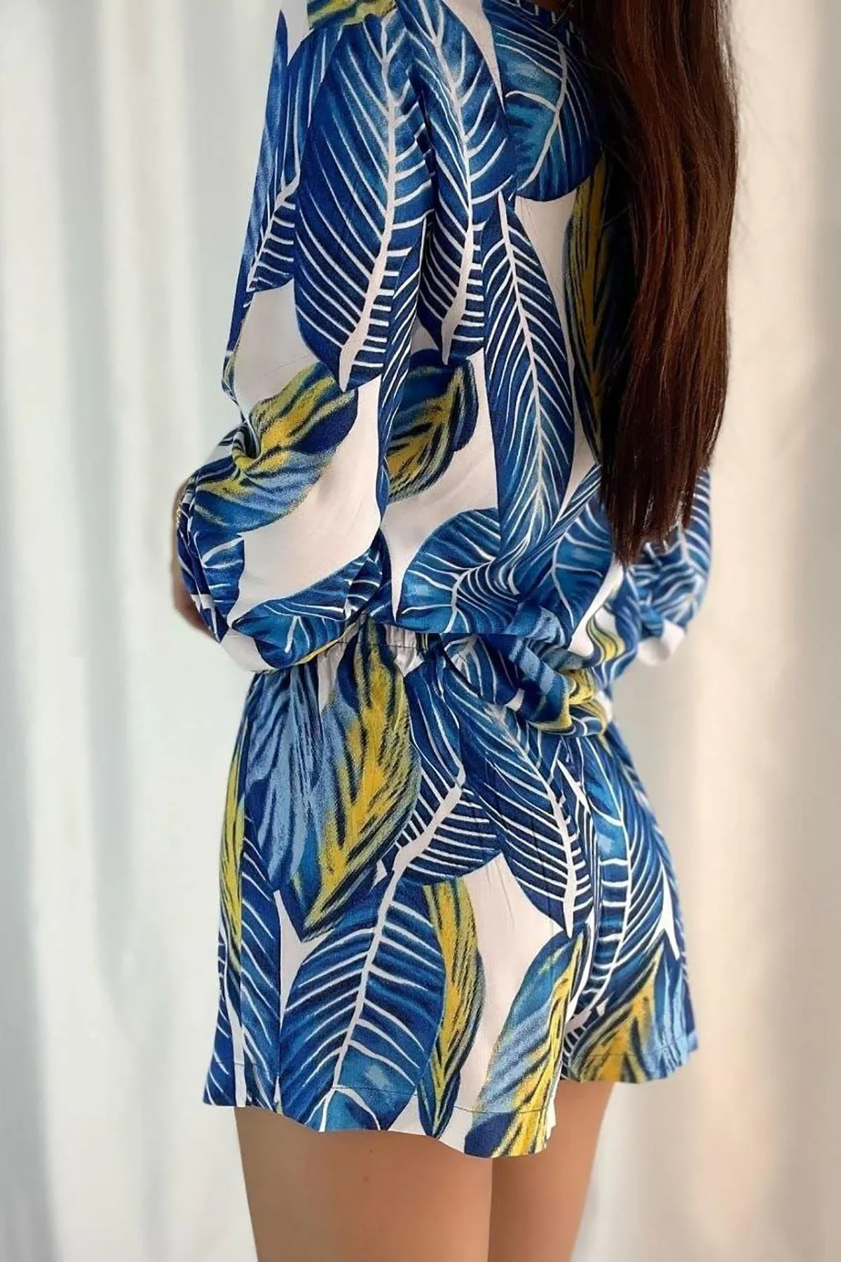 Deafox  Shorts-Set aus Viskosestoff mit Blattmuster, Blau