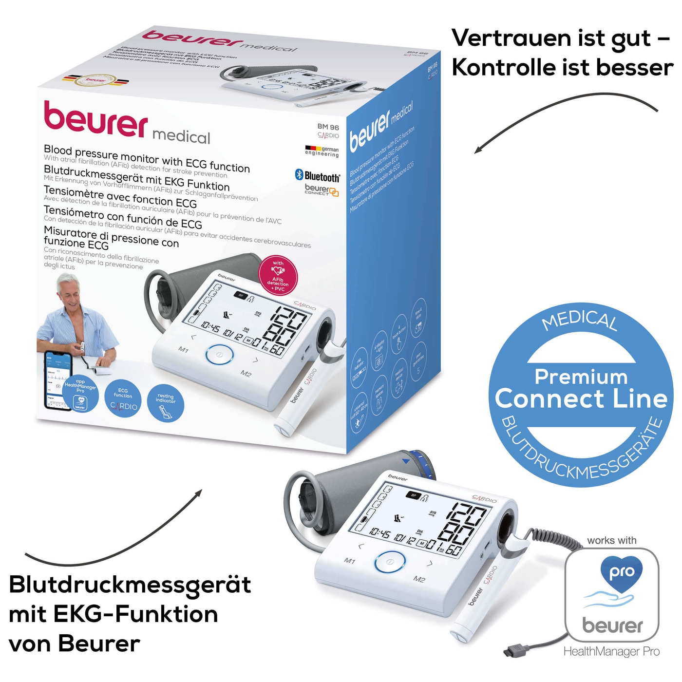 Beurer Blutdruckmessgerät mit EKG-Funktion BM 96 Cardio-Bluetooth® Oberarm-Blutdruckmessgerät mit EKG-Stick & Cardio-App-Anbindung