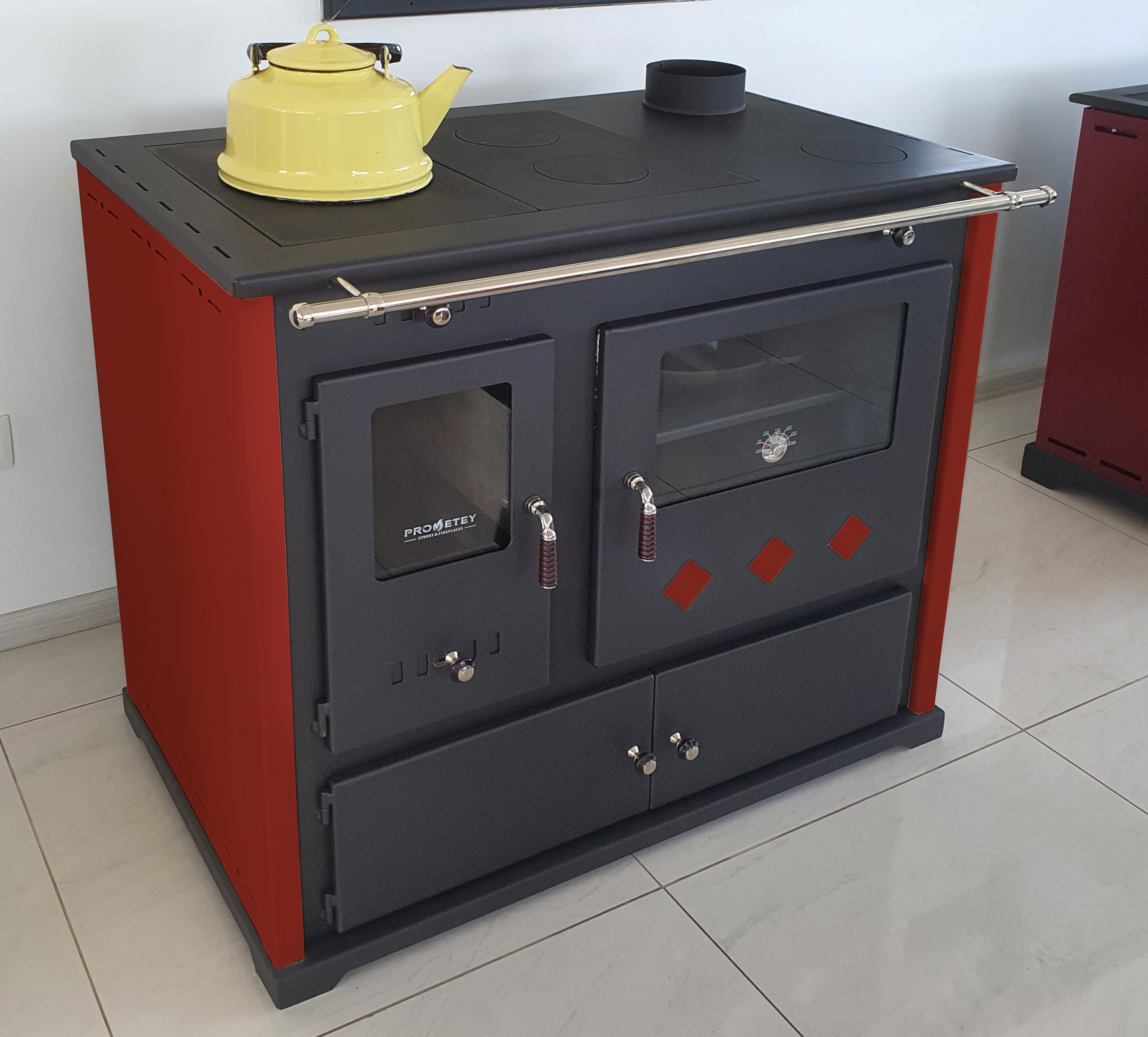 Prometey Kaminofen EEK A+ Kaminofen mit Backfach und Herdplatte Practik Lux Rot Holzofen, 9,50 kW, Zeitbrand, Küchenofen mit Backofen, Küchenherd mit Backfach