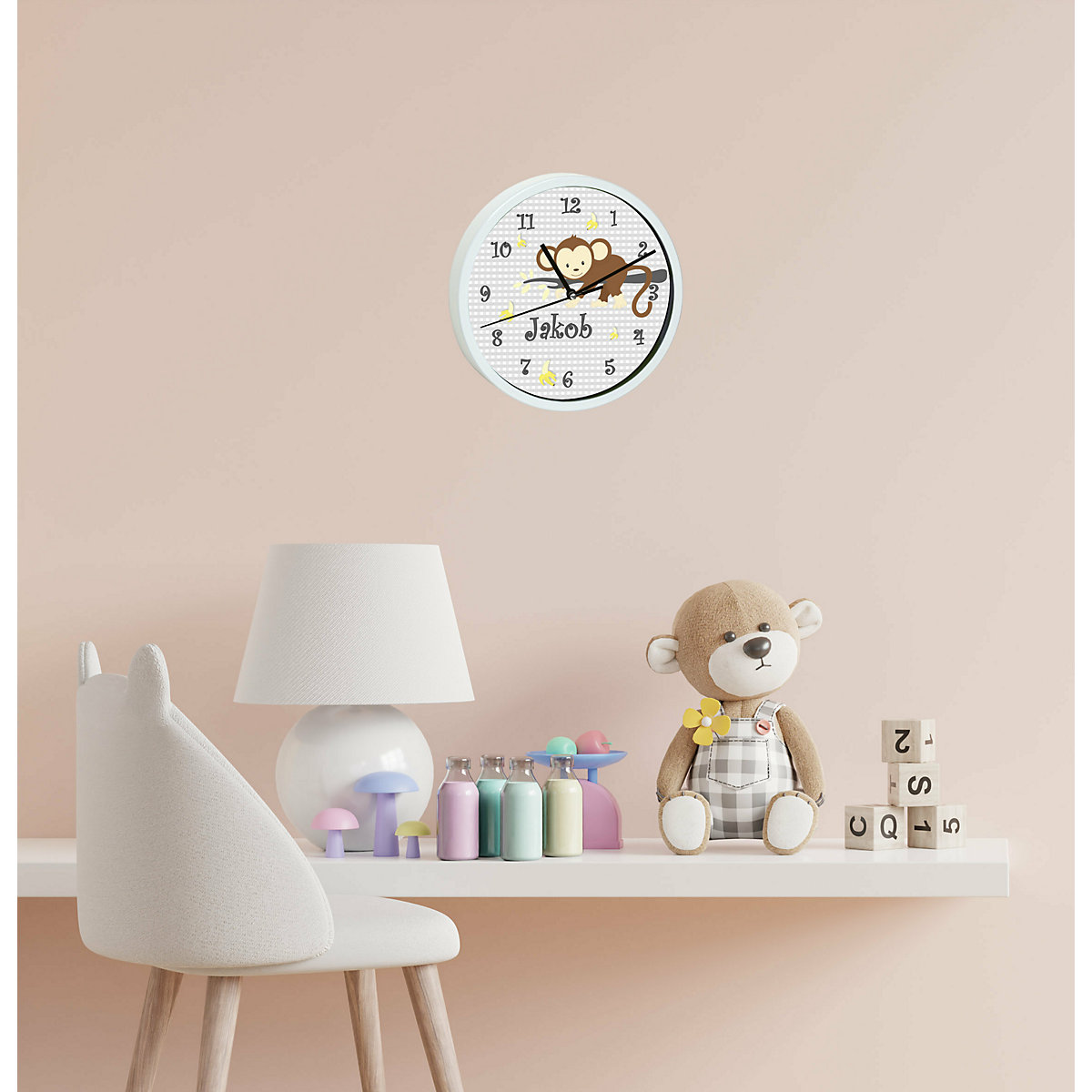 Kinder Wanduhr personalisiert mit Name Affe hängend Grau