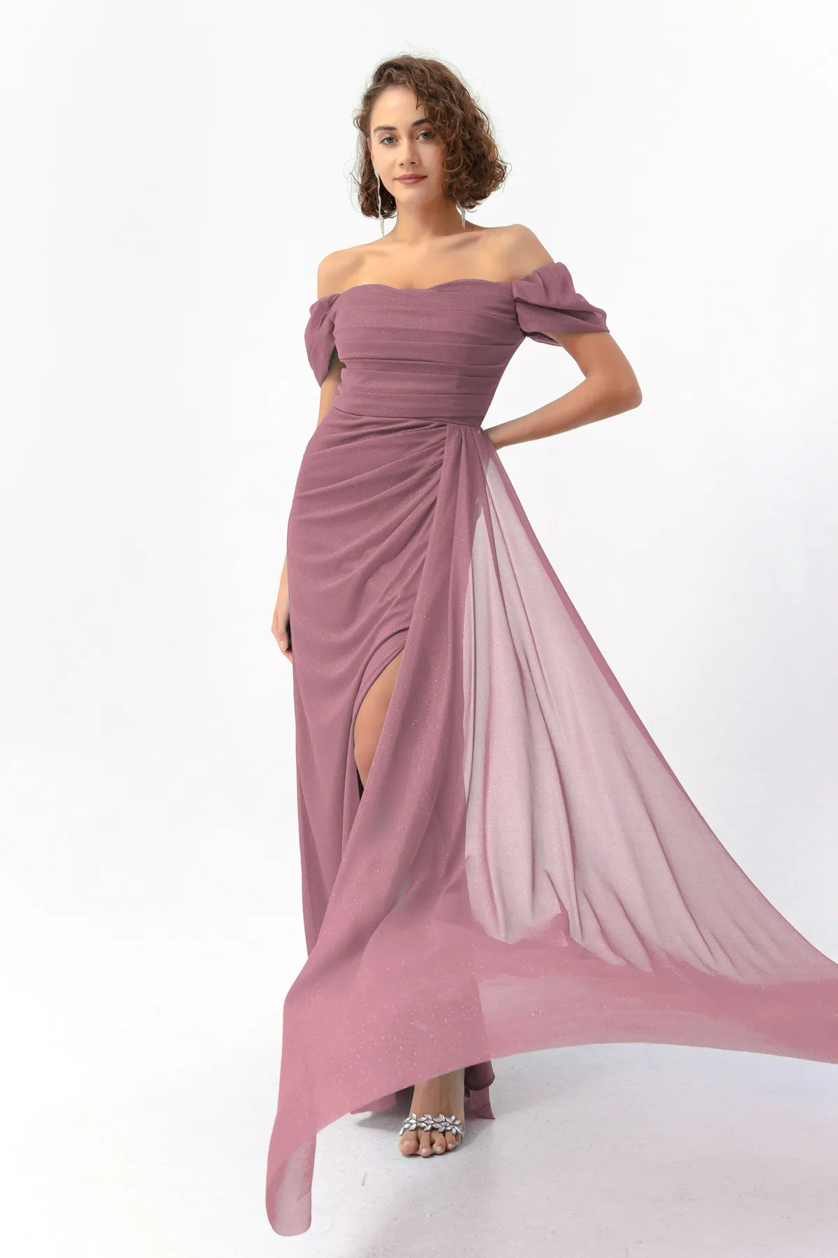 Lafaba  Damen-Abendkleid in Lavendel mit U-Boot-Ausschnitt, drapiertem Schlitz und langem Glitzer-Abendkleid
