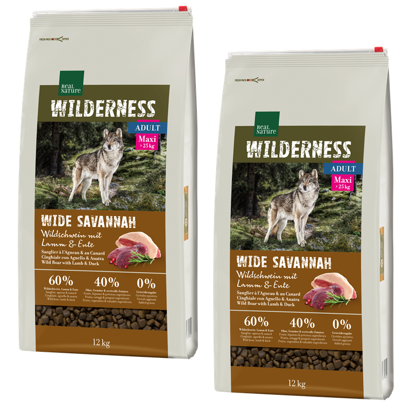 REAL NATURE Hundetrockenfutter REAL NATURE WILDERNESS Maxi Adult Wide Savannah mit Wildschwein, Lamm & Ente 2x12 kg