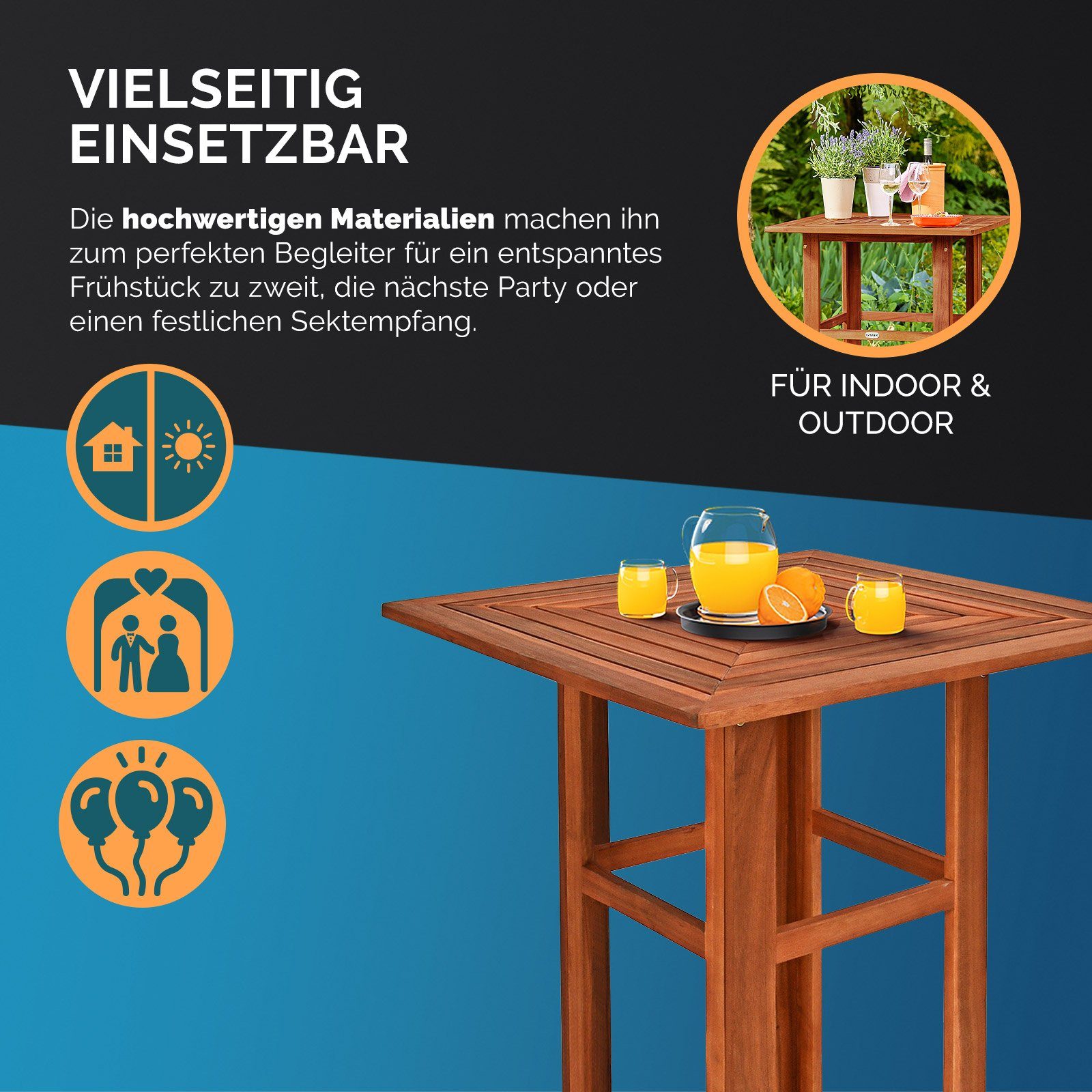 Casaria Stehtisch Akazie (1-St), Holz 110cm Hoch 75x75 cm Eckig Indoor Outdoor Bistrotisch Biertisch