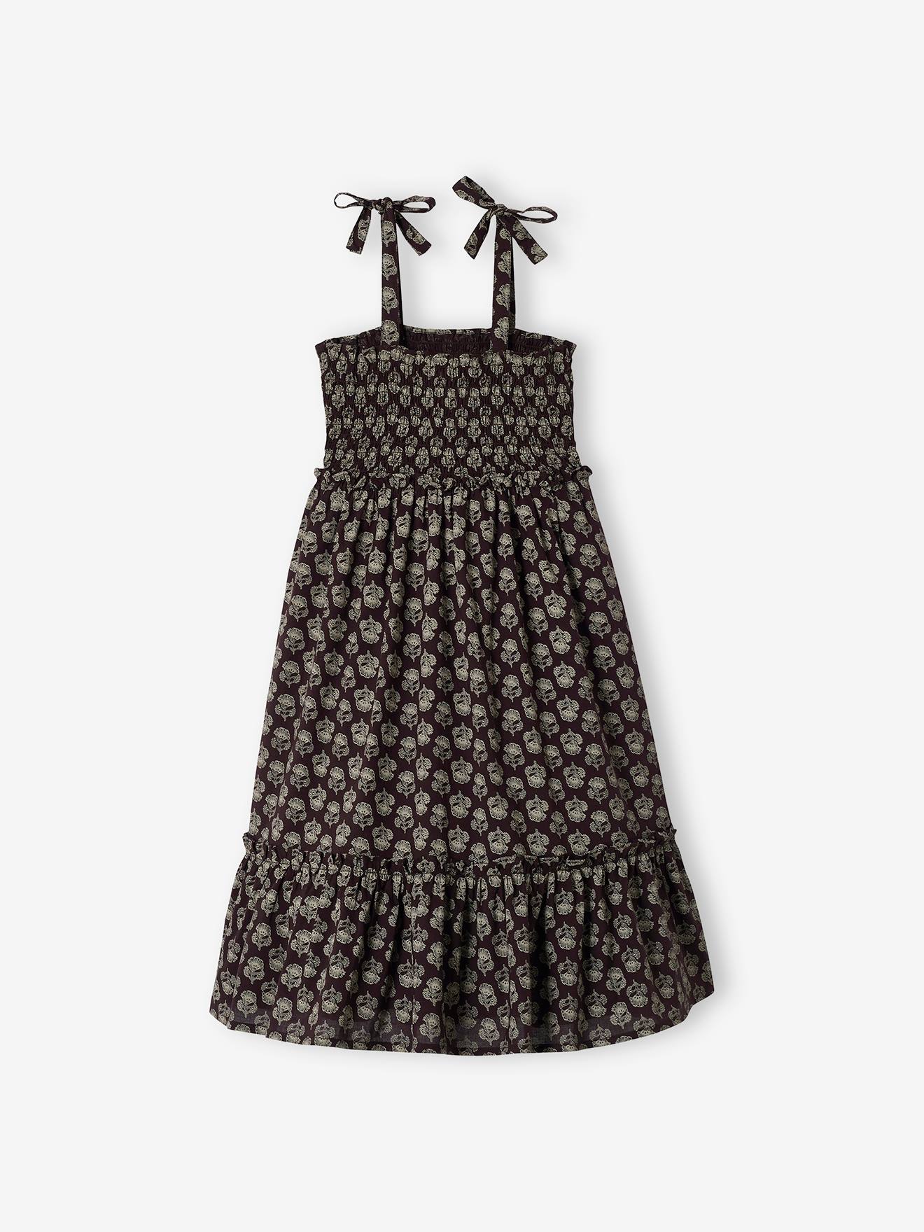 Robe longue à fines bretelles et smocks fille anthracite