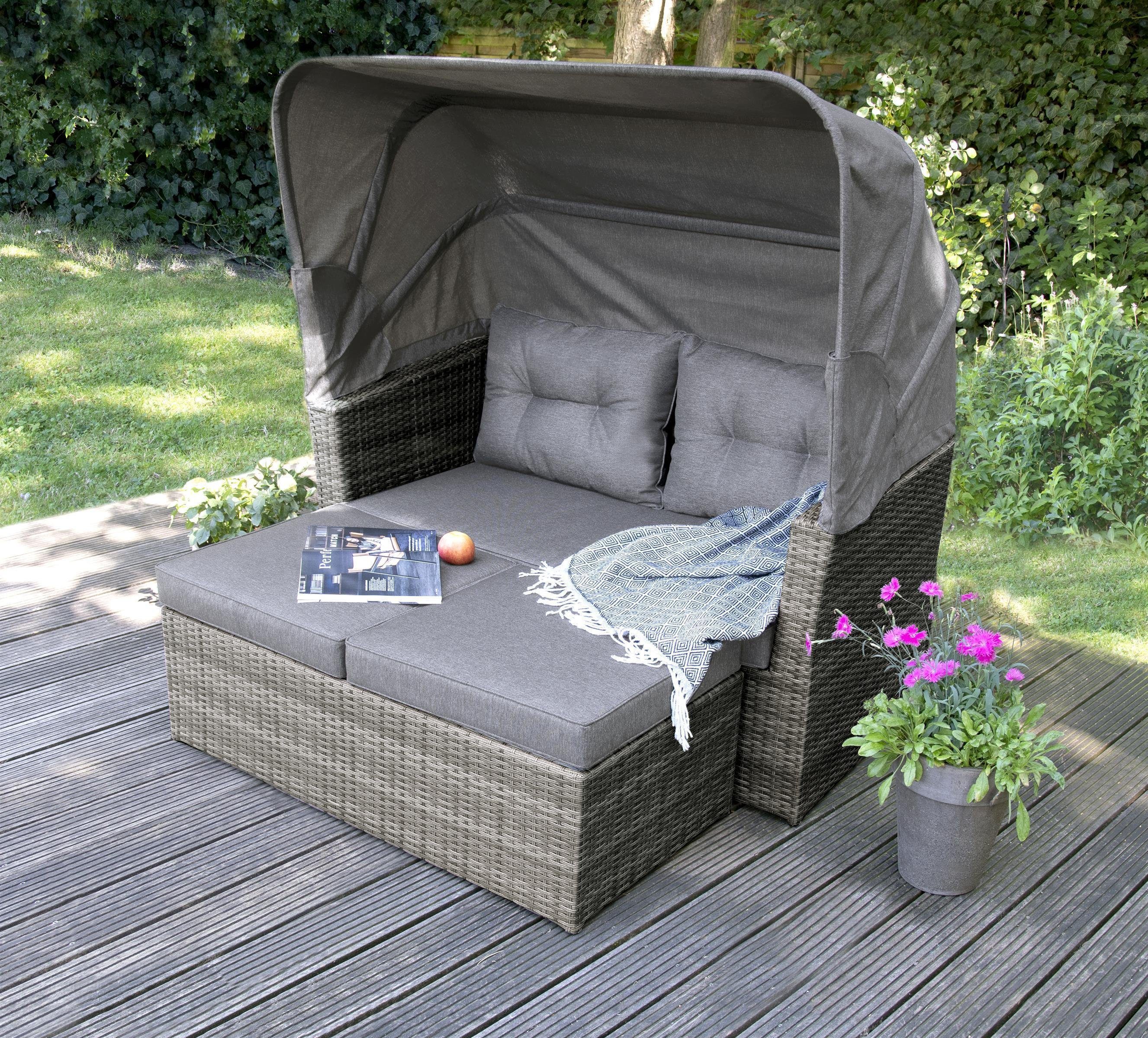 bellavista - Home&Garden® Strandkorb Multifunktionslounge - Strandkorb Long Island, BxTxH: 145x80x152 cm, Modern, (Set, 7-tlg., inkl. Sitz und Rückenkissen), 2-sitzer Sofa ca. 145x80x80,5cm (BxTxH) und 145x80x152cm (BxTxH) mit aufgeklapptem Dach, Fuß