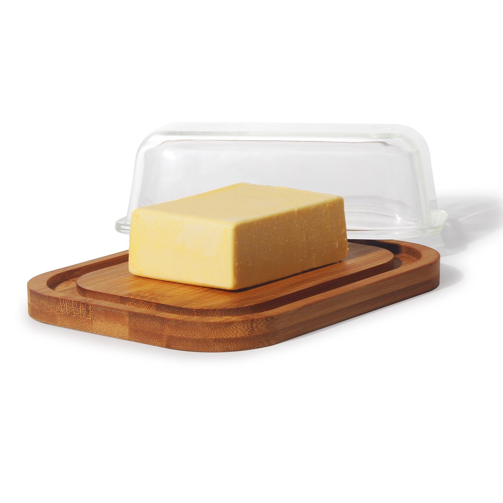 Zedelmaier Butterdose Butterdose,Butterglocke für 250g Butter,mit nachhaltigem holzdeckel, (Packung, 1 x Becher, 1 x Deckel, HYH002), Butterdose aus Boraxglas & Naturdeckel aus rundem Rand