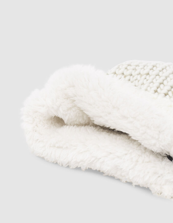 Bonnet écru tricot lurex doré badge éclair bébé fille