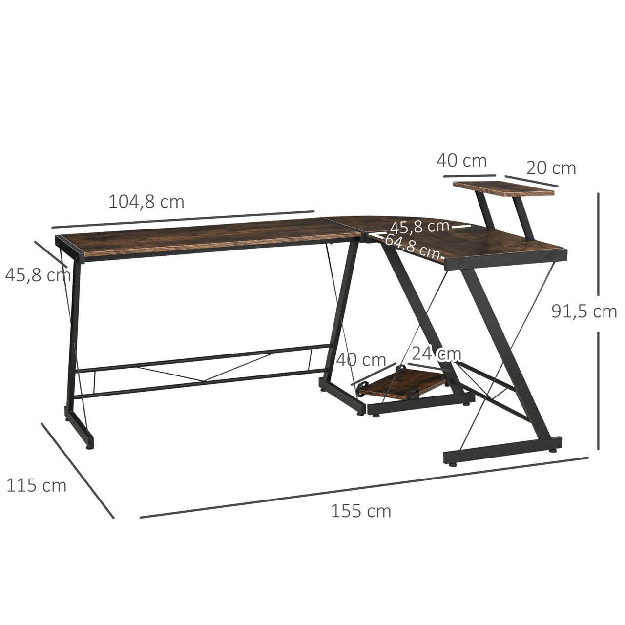 HOMCOM Computertisch, Eckschreibtisch, Schreibtisch, Bürotisch, Spanplatte Metall, Vintagebraun-Schwarz, 155 x 115 x 91,5 cm
