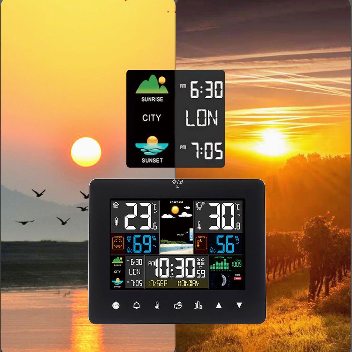 oyajia LED Wetterstation mit Funk-Außensensor, mit Kalender Wetterstation (Kalender Thermometer Hygrometer Farbdisplay)