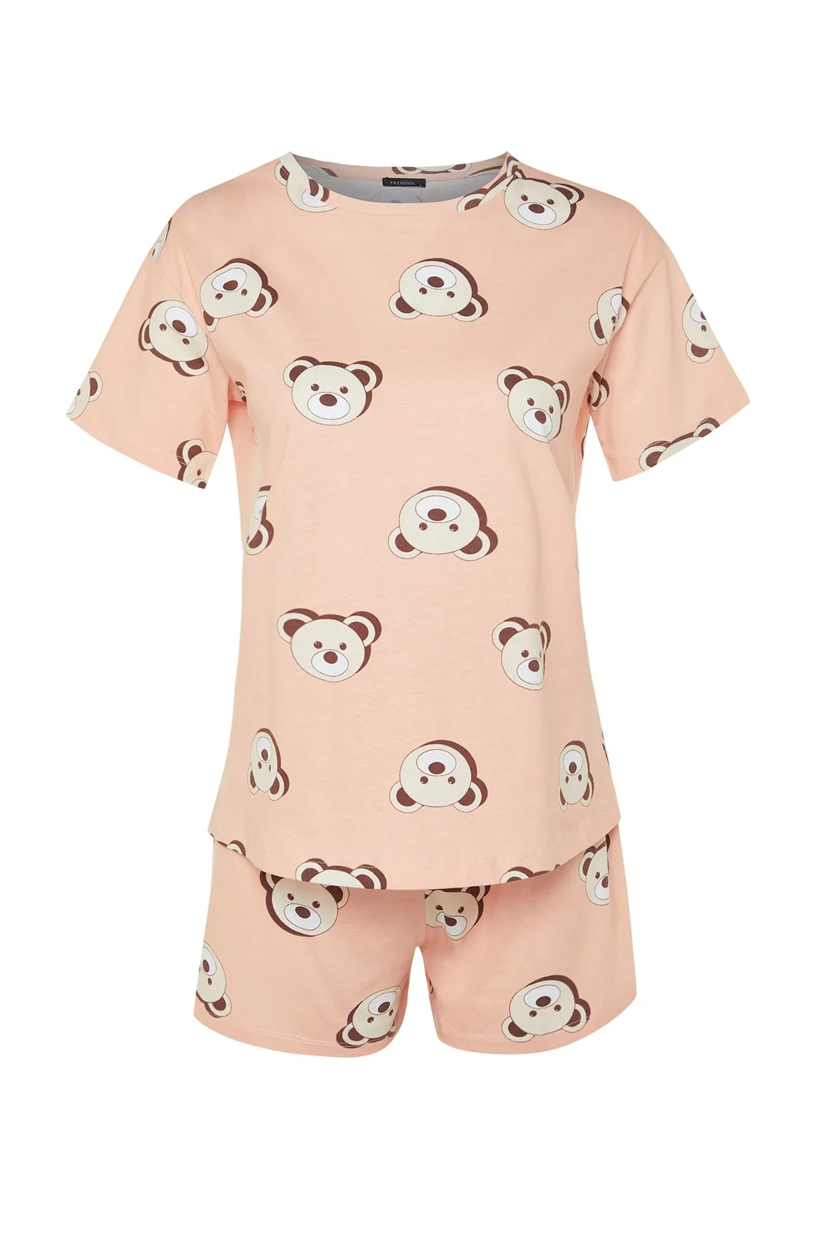 Trendyol Collection  Lachsfarbenes, gestricktes Pyjama-Set aus 100 % Baumwolle mit Teddybärmuster und T-Shirt-Shorts THMSS23PT00005