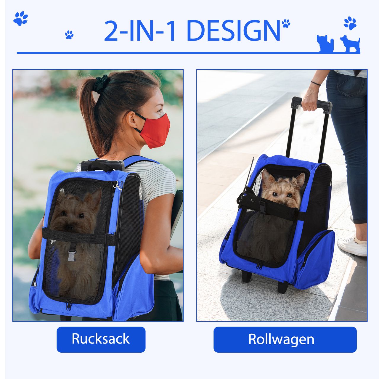 PawHut Hundetrolley Transporttasche Tragetasche 2-in-1 Haustierrucksack Blau