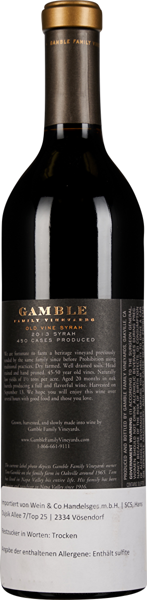 Gamble Family Vineyards Syrah Old Vine Saint Helena Napa Valley 2013