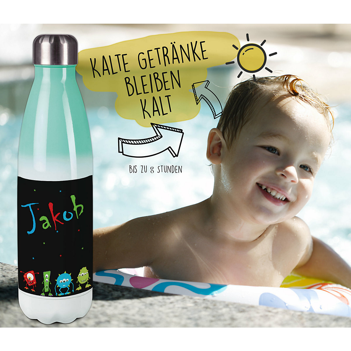 Edelstahl Kinder Thermoflasche / Trinkflasche bunt Monsterparade Spülmaschinenfest, Auslaufsicher, Bruchfest, Doppelwandig, Für Heißgetränke geeignet, Mit Deckel, Isoliert