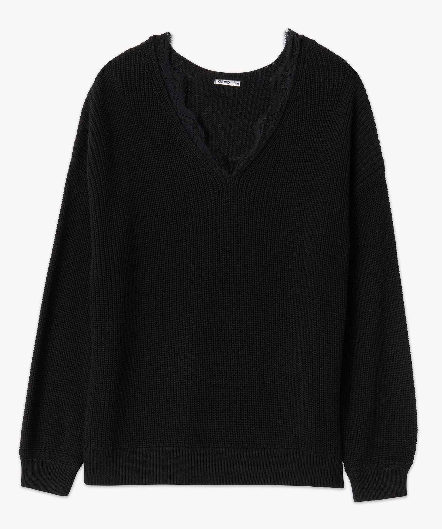 Pull femme grande taille avec décolleté V en dentelle noir | GEMO