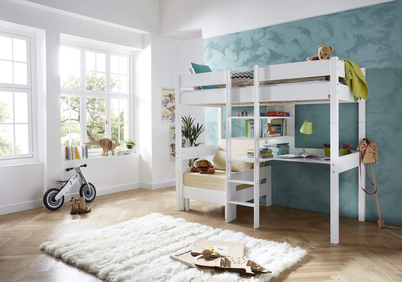 Relita Etagenbett NOEL inkl. Zusatz-Sessel mit Sitzkissen beige, Buche massiv weiß lackiert