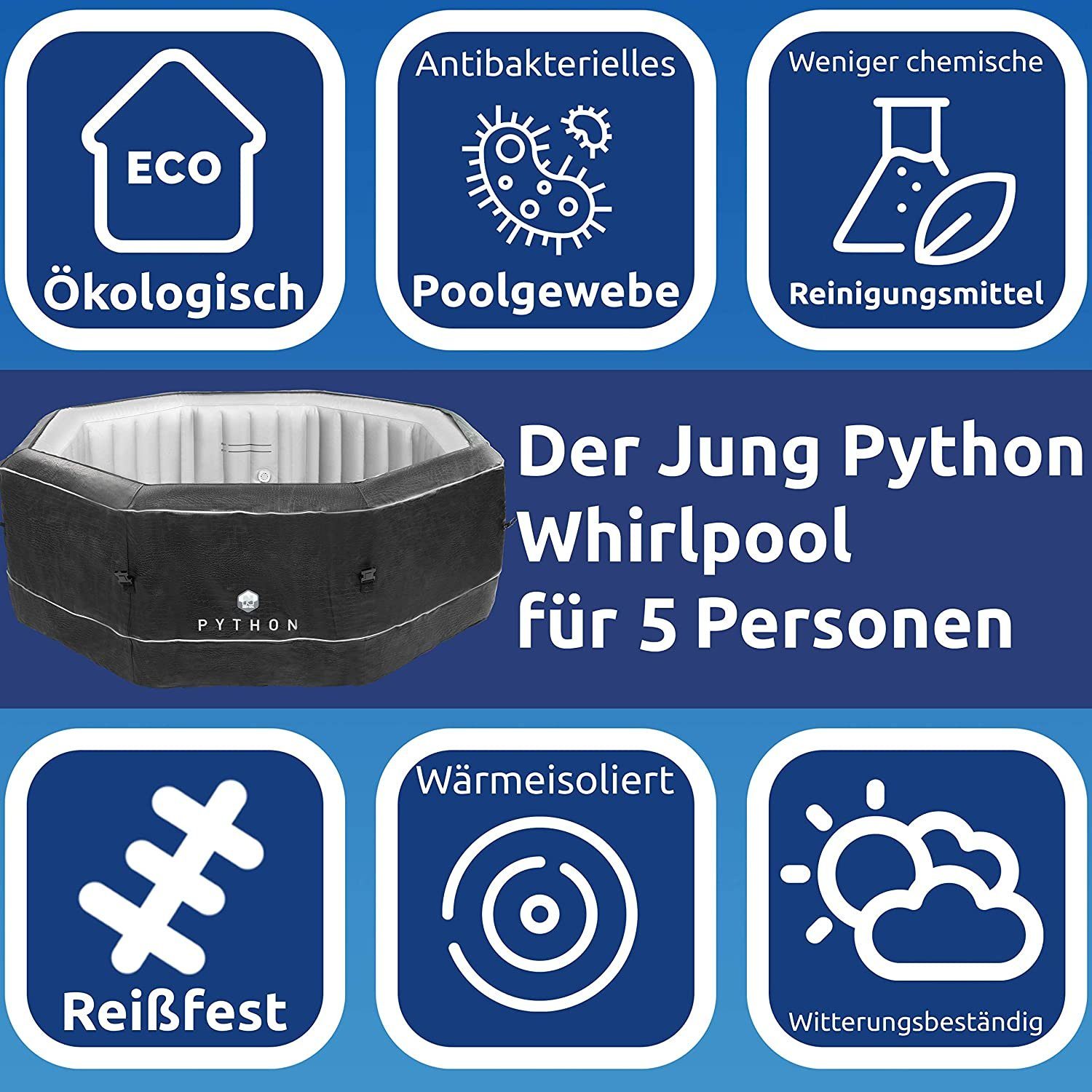 JUNG Whirlpool Python aufblasbarer Whirlpool Outdoor Set, beheizt, 5 Pers., Ø 185cm, (Sprudelbad 850L, 9-tlg., mit Filterkartusche), Winterfest Komplett Set, Spa Pool, Selbstaufblasend, Bubble Wellness
