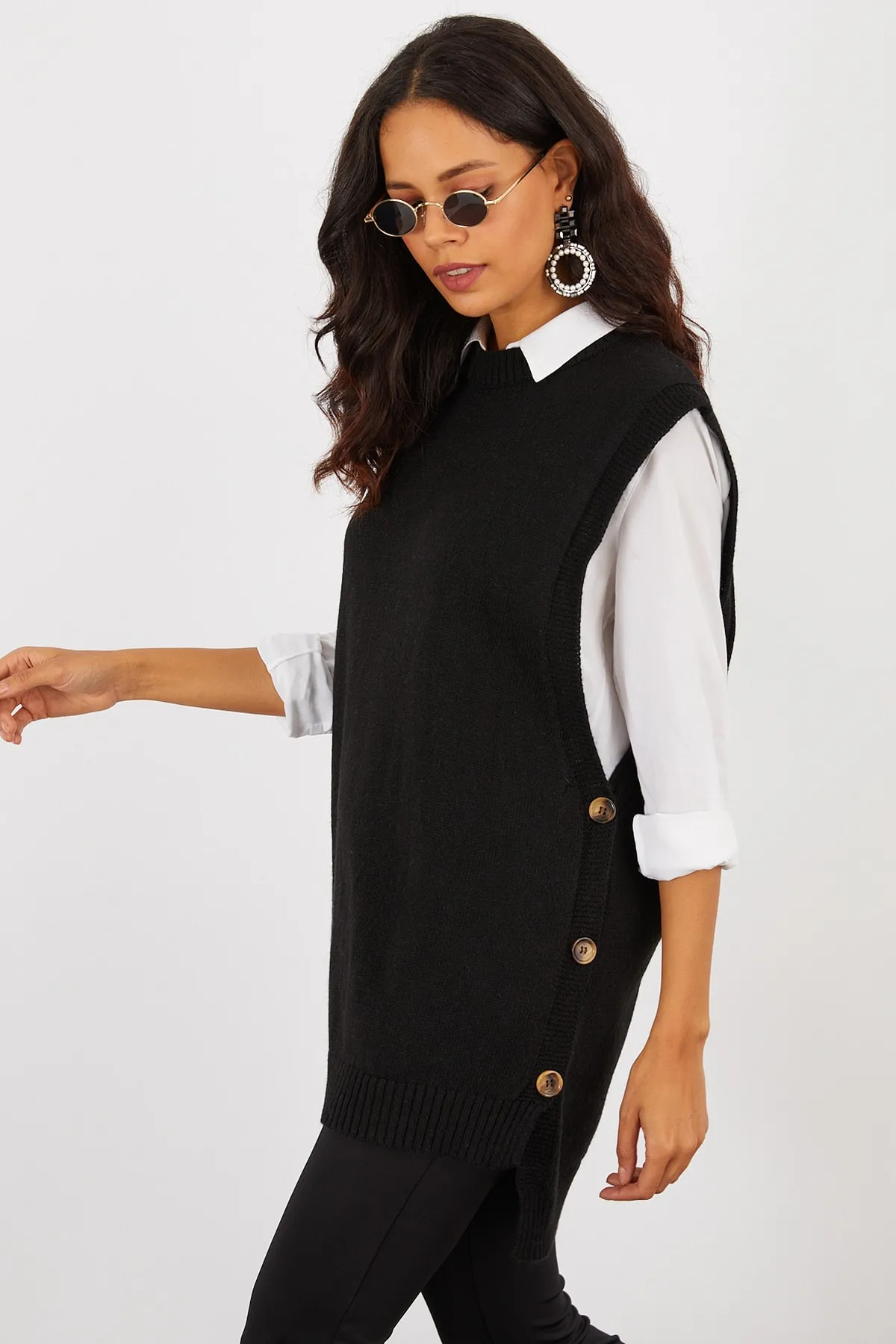 Cool & Sexy  Schwarze, seitlich geknöpfte, ärmellose Stricktunika für Damen YV75