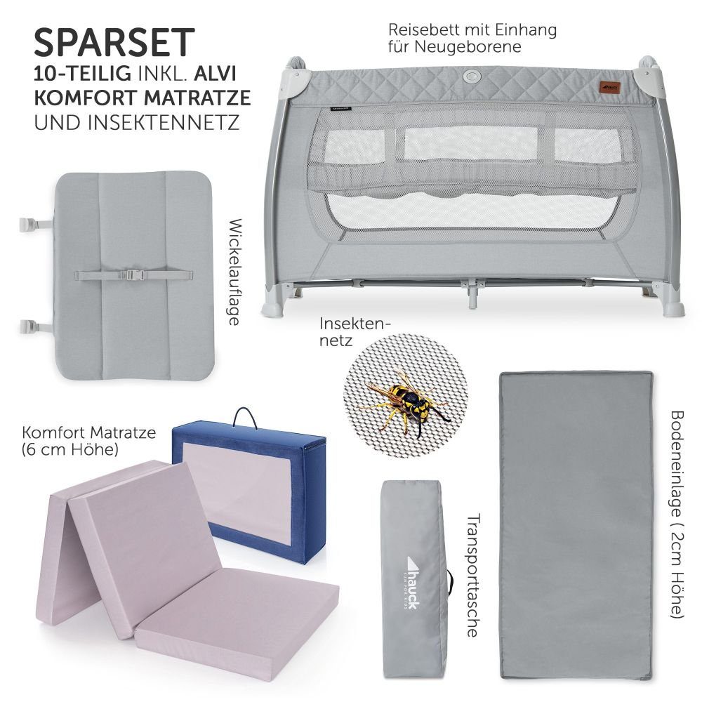 Hauck Baby-Reisebett Play'n Relax Center - Quilted Grey, 7-tlg., mit Matratze, Moskitonetz, Neugeborenen-Einsatz, Wickelauflage
