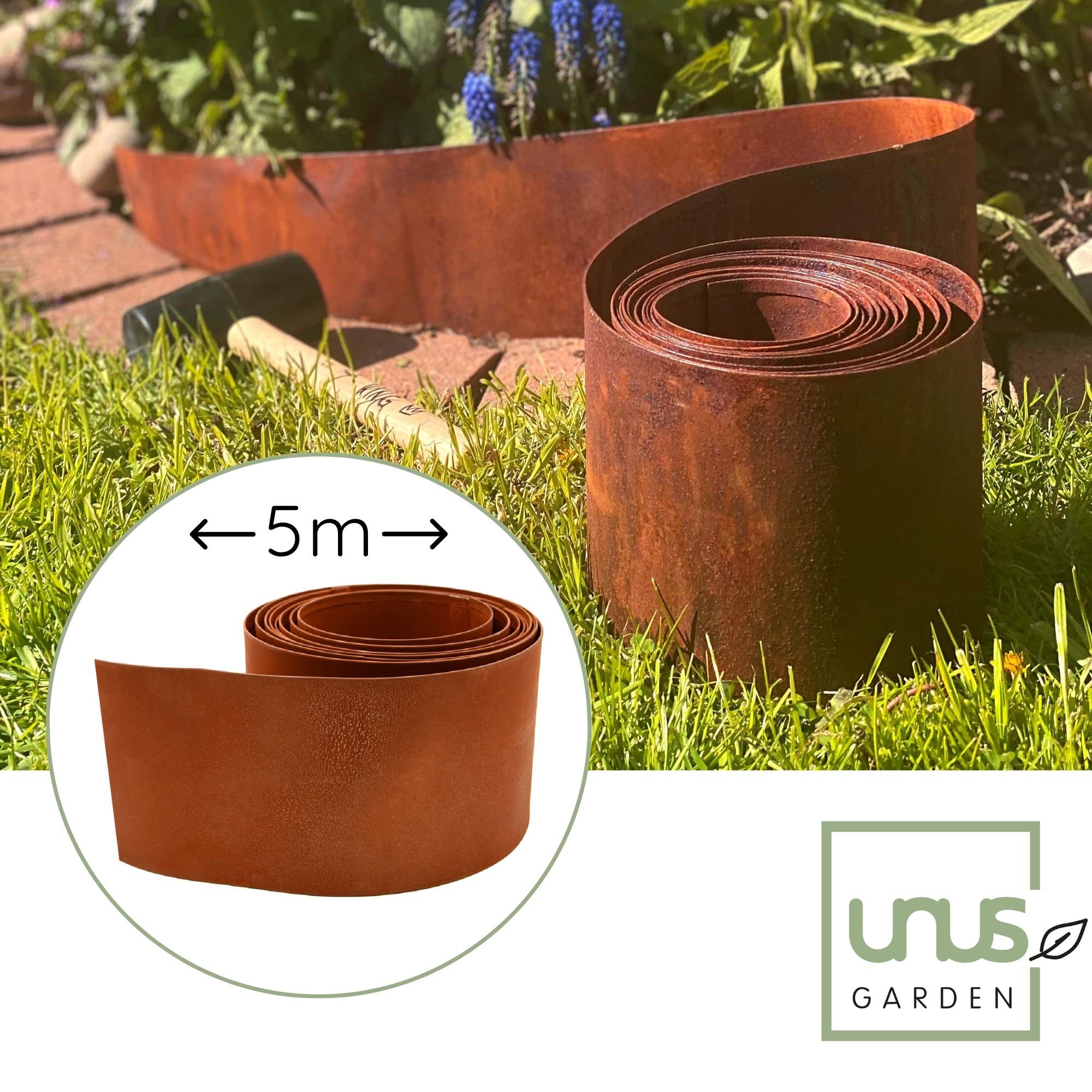 UNUS GARDEN Rasenkante Beeteinfassung Rostoptik 14x500 cm, LxH: 500x14 cm, 14 cm hoch Metall, Mähkante, Beetumrandung, Rasenkante 5 Meter, robust