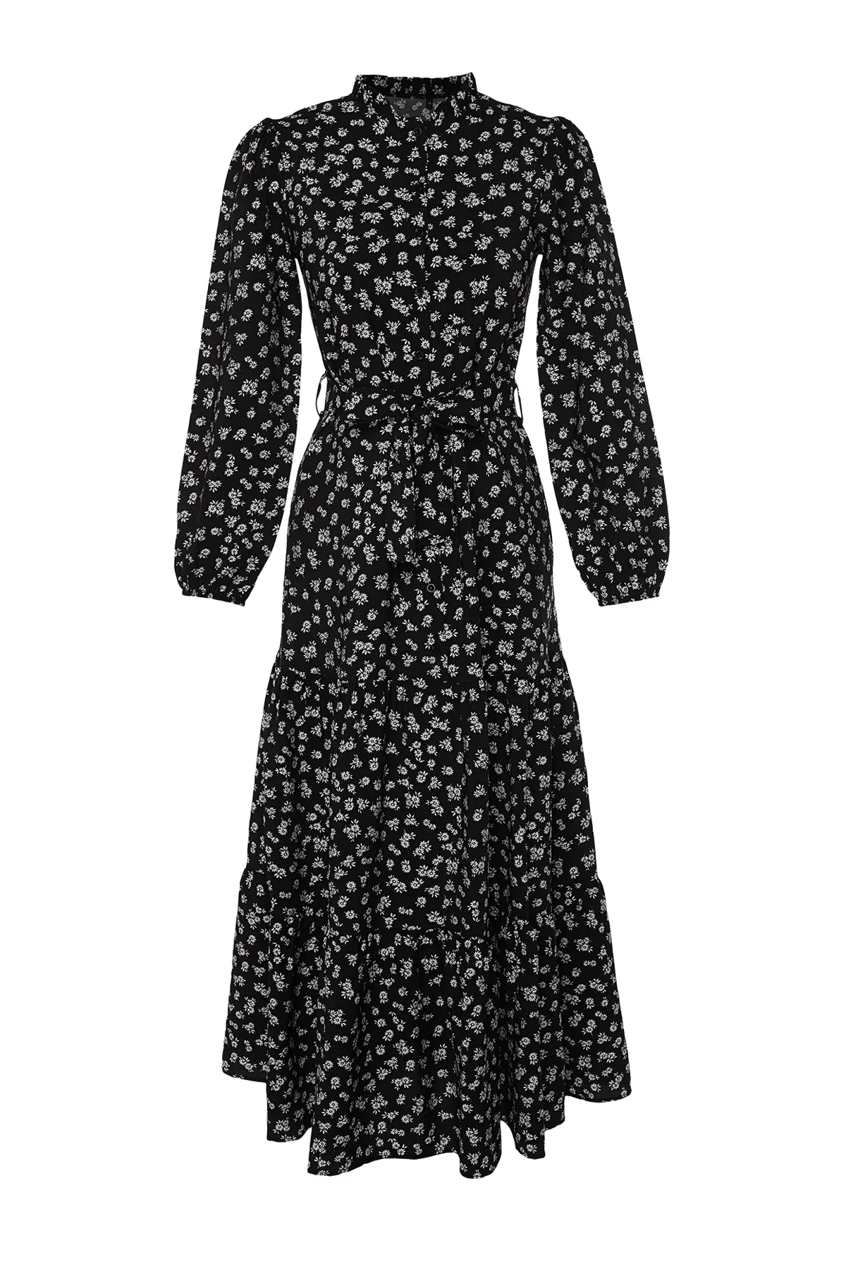 Trendyol Modest  Schwarzer Gürtelrock, Volants, Blumenmuster, gefüttertes Webkleid TCTSS23EB00294