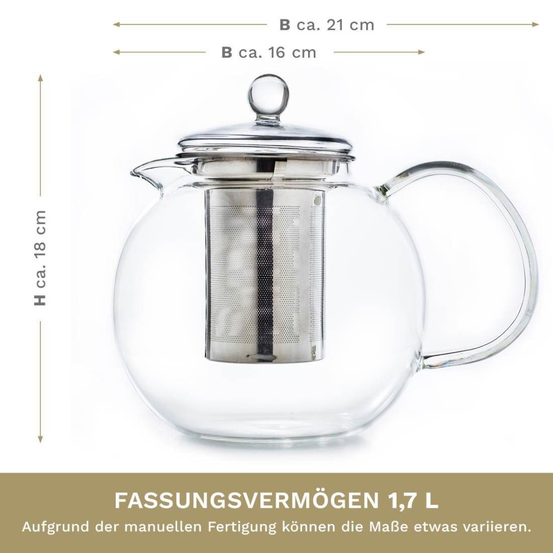 Creano Teekanne Creano Teekanne aus Glas 1,7l, 3-teilige Glasteekanne mit integriertem, tropffrei