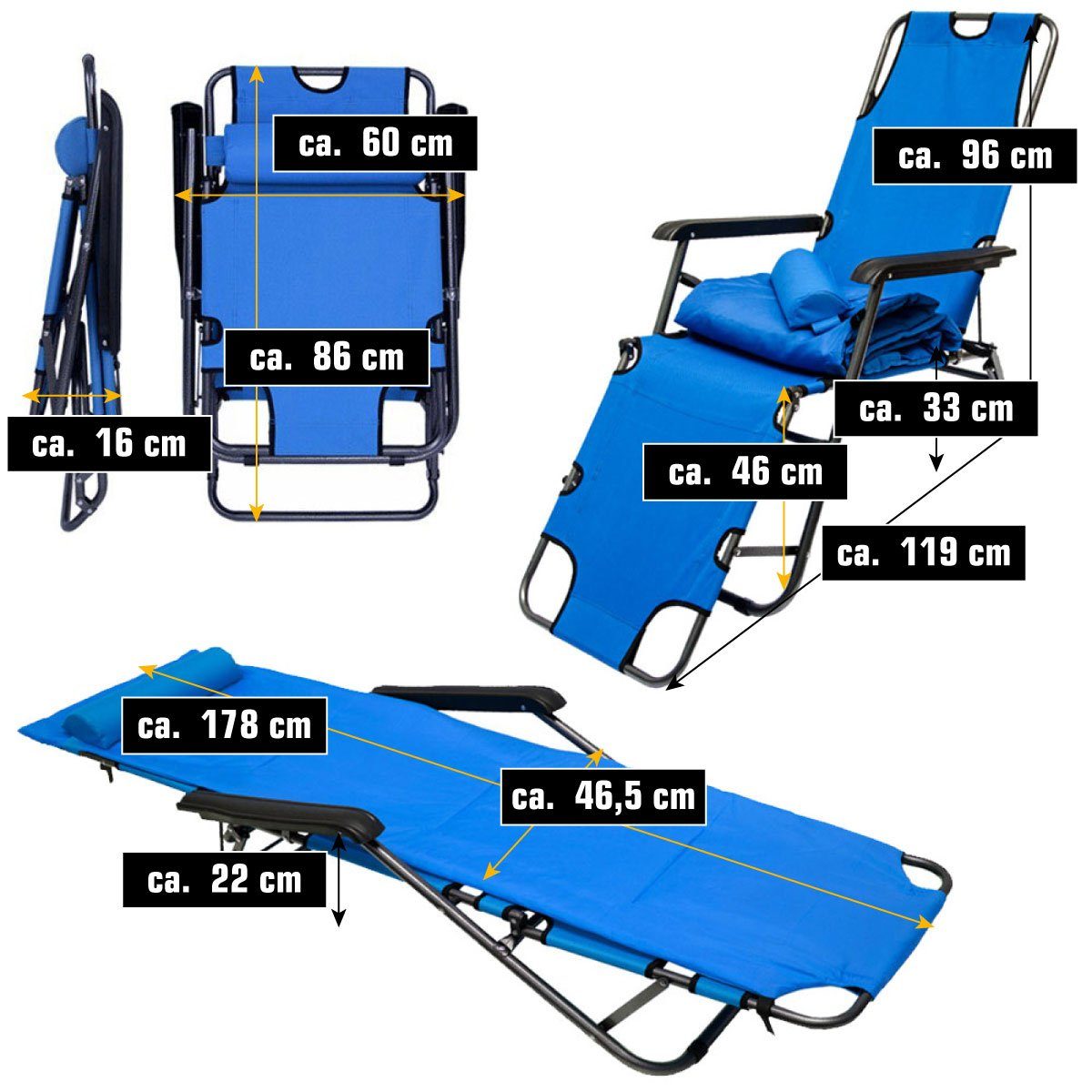AMANKA Campingstuhl Campingstuhl Liegestuhl Freizeitliege Sonnenliege, Liege incl. Auflage 178cm Blau
