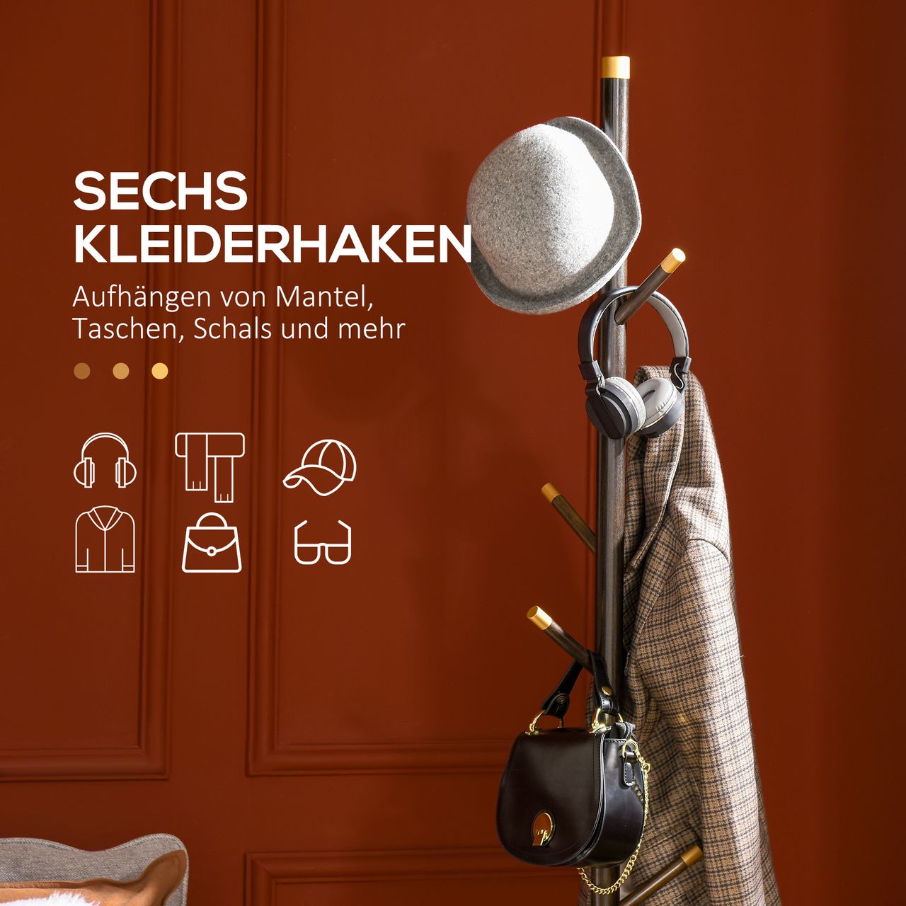 HOMCOM Garderobenständer, Kleiderständer, Garderobe mit 6 Haken für Kleidung