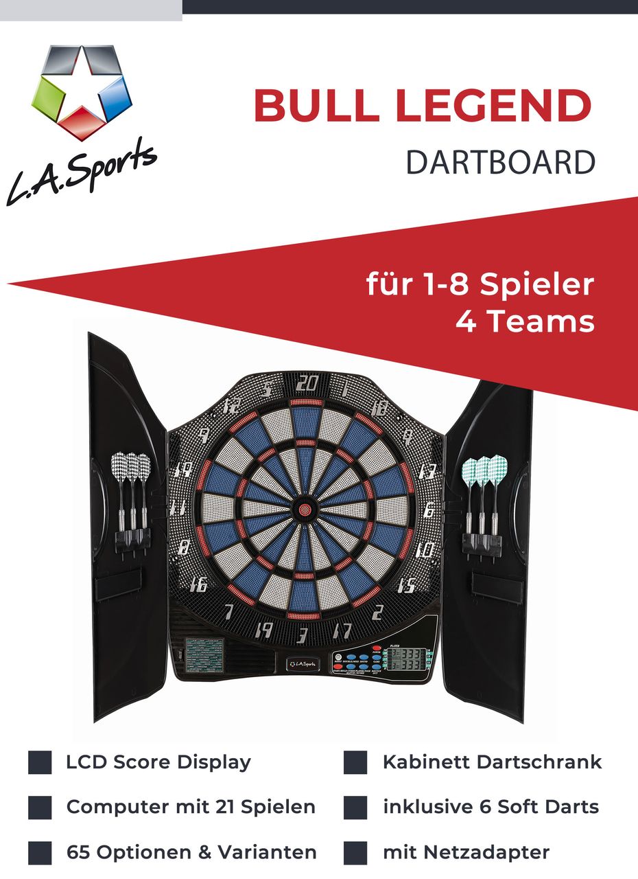 L.A. Sports Elektronische Dartscheibe Bull Legend 1-8 Spieler 6 Softdart Pfeile Dartschrank