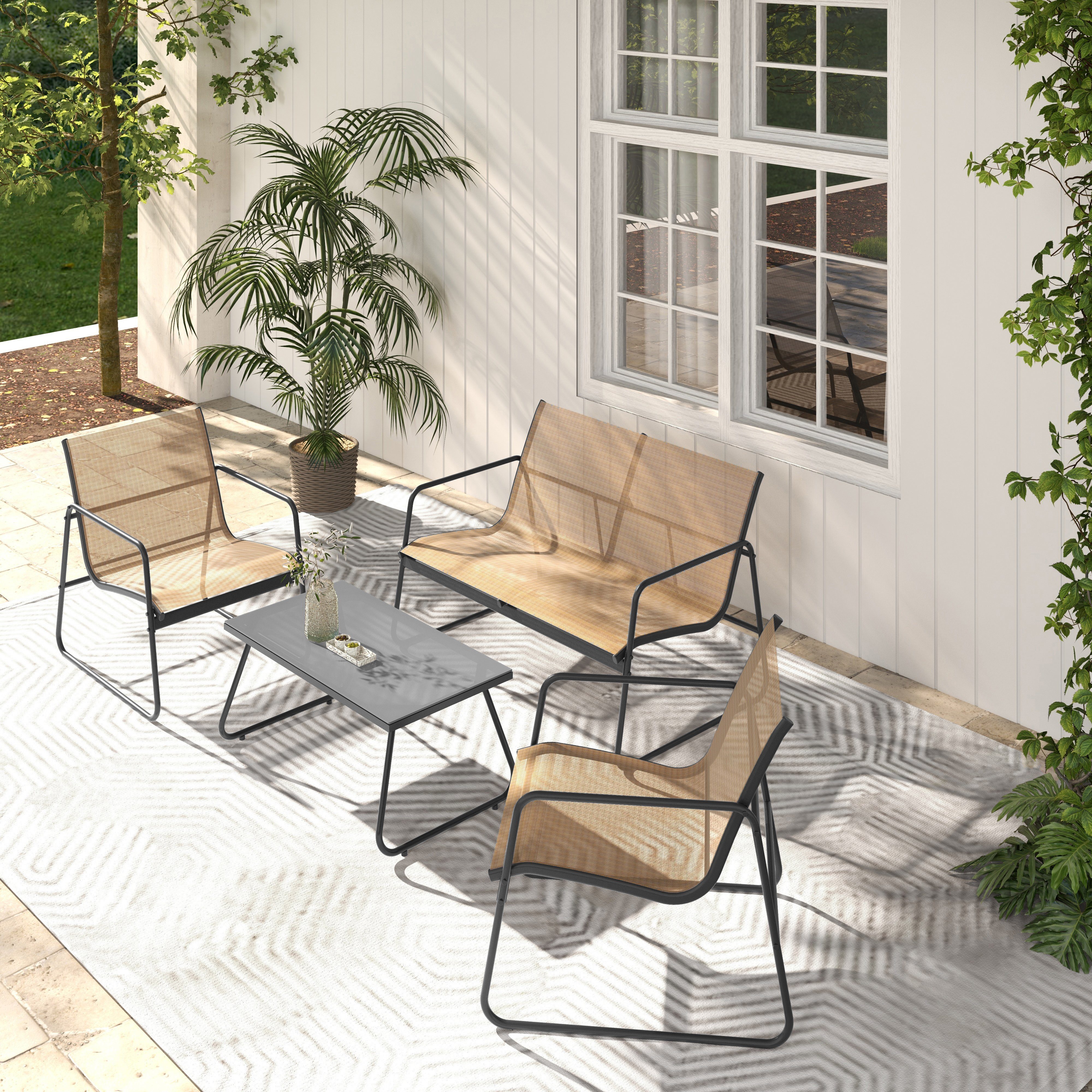 Grand patio Gartenlounge-Set Balkonset, Glas+Stahl, (Set, 4-tlg., 1 Couchtisch, 1 Sitzbank, 2 Stühlen)