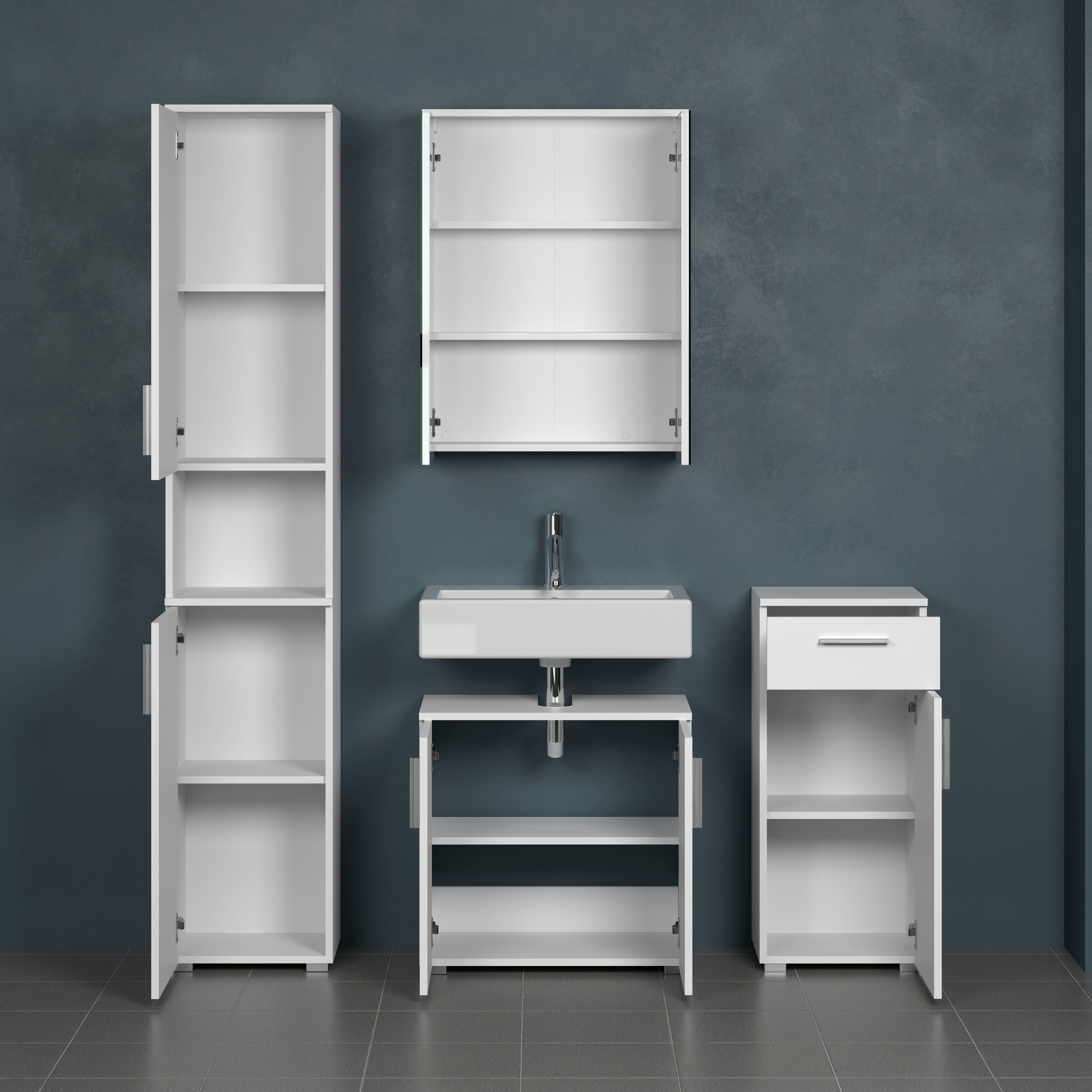 welltime Badezimmer-Set Prag, (Set, 4-St), Hochschrank, Unterschrank, Waschbeckenunterschrank & Spiegelschrank
