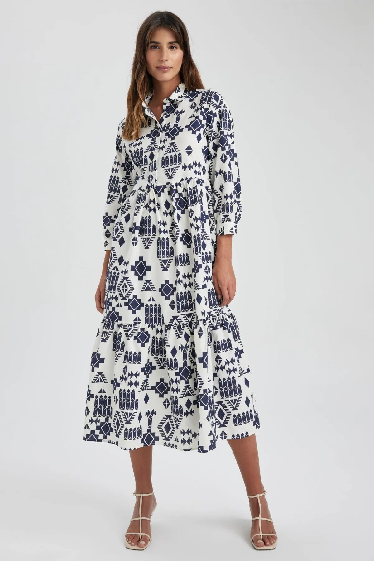 DeFacto  Gemustertes Maxi-Halbarmkleid aus Frottee-Baumwolle mit Hemdkragen Z9109az23sp
