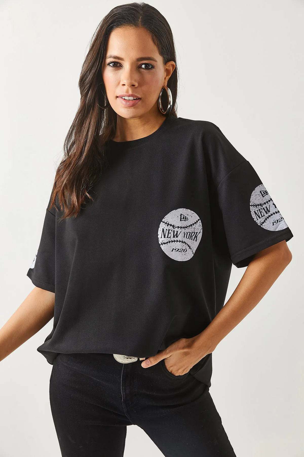 Olalook  Damen-T-Shirt „New York“ in Schwarz, vorne und hinten bedruckt, 2-fädig, Unisex-Oversize-T-Shirt TSH-19000696