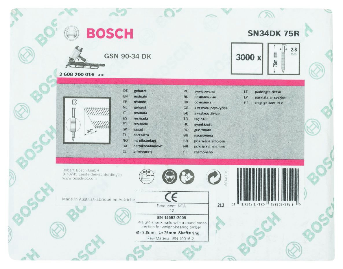 Bosch Blue Accessories 2608200016 SN34 DK 75R Gwoździe taśmowe 34° D-Head Plain Ring 75 mm 3000 sztuk
