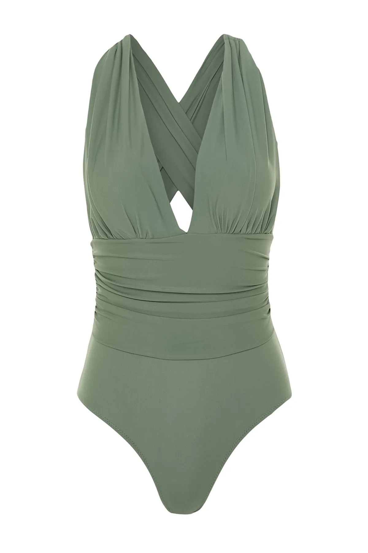 Trendyol Collection  Grüner tief ausgeschnittener, drapierter normaler Badeanzug TBESS20MA0294