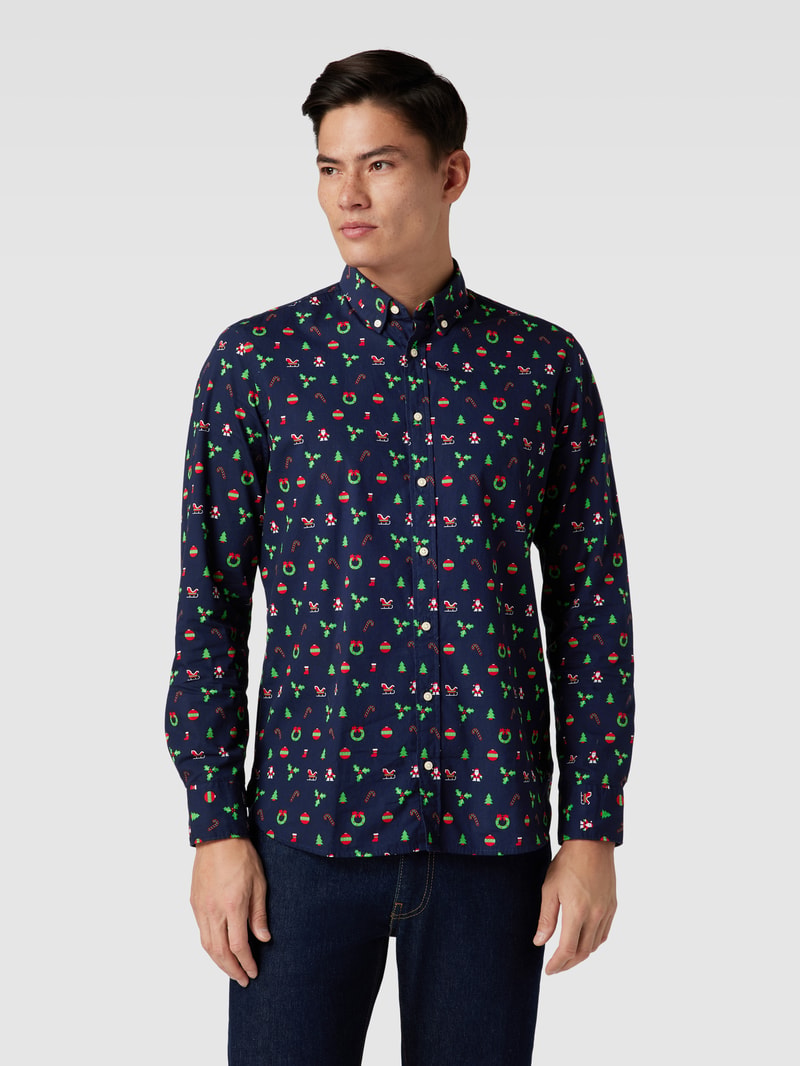 Regular Fit Freizeithemd mit Allover-Muster in marineblau