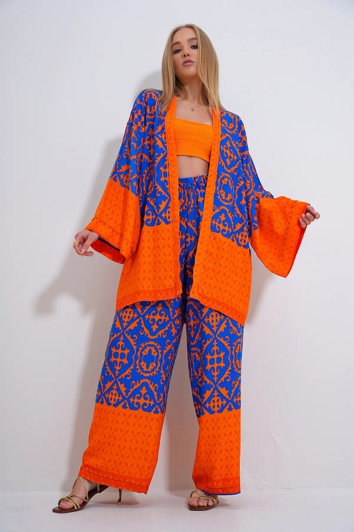 Trend Alaçatı Stili  Saks Orange Kimono und Palazzo-Hosen-Set - ALC-X11751