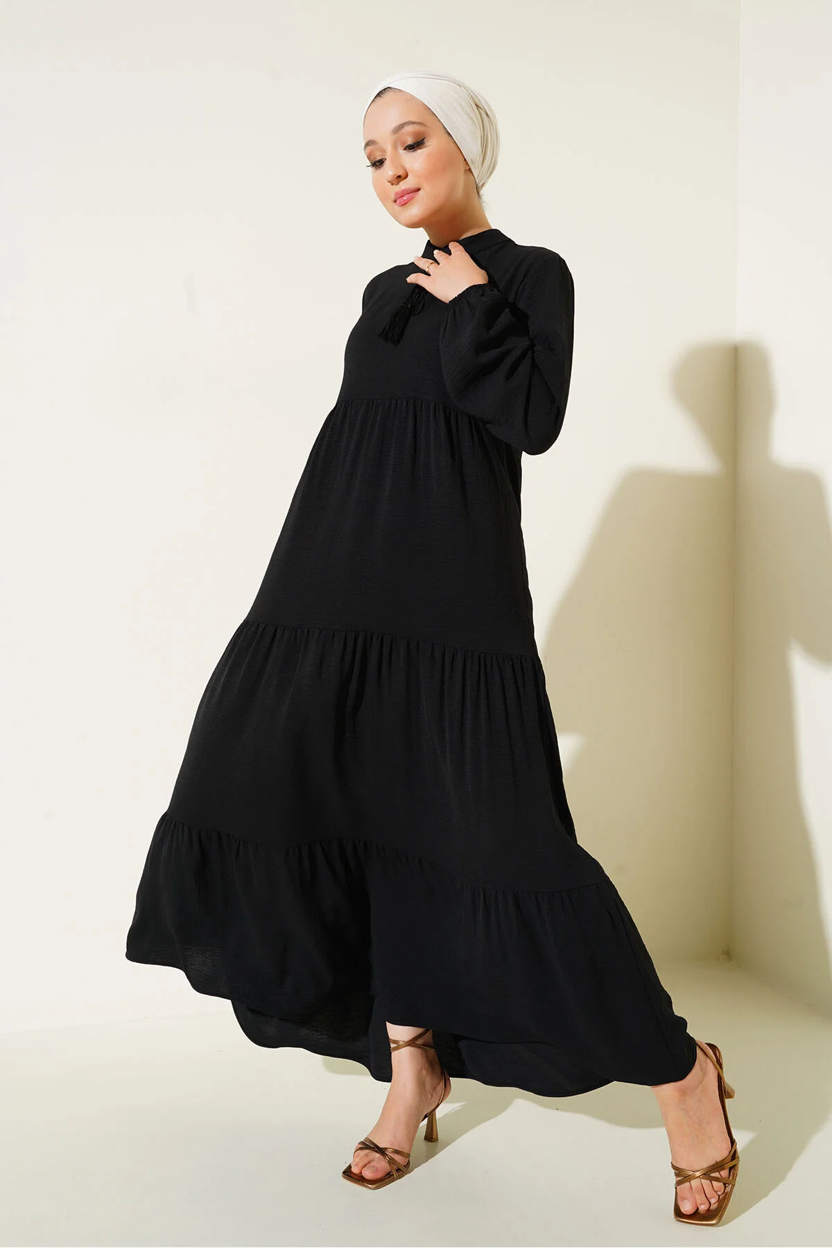 Bigdart  1627 Hijab-Kleid mit Kragen und Schnürung, Ramadan-Kollektion – Schwarz