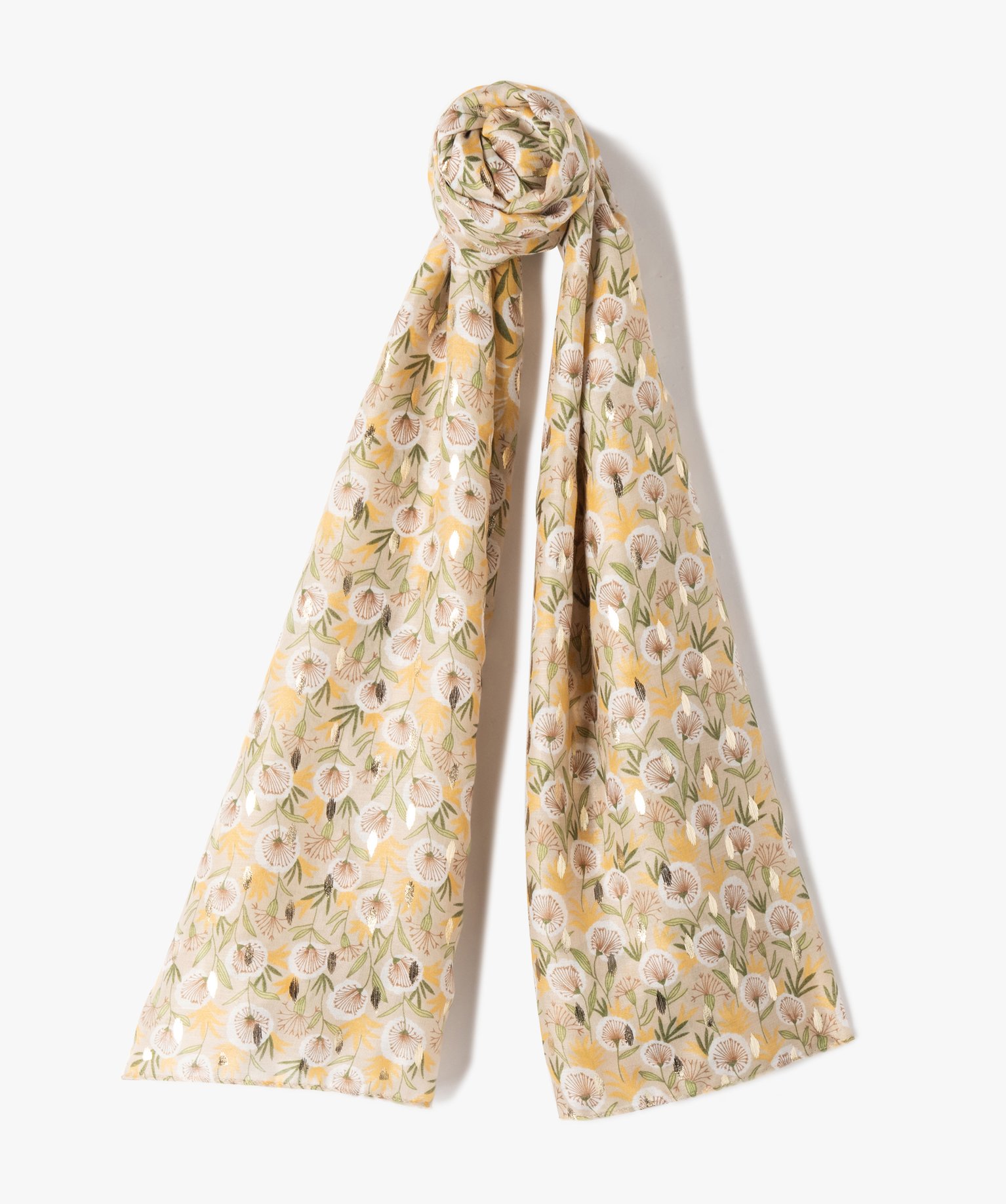 Foulard femme rectangulaire à motif fleuri et touches dorées beige | GEMO