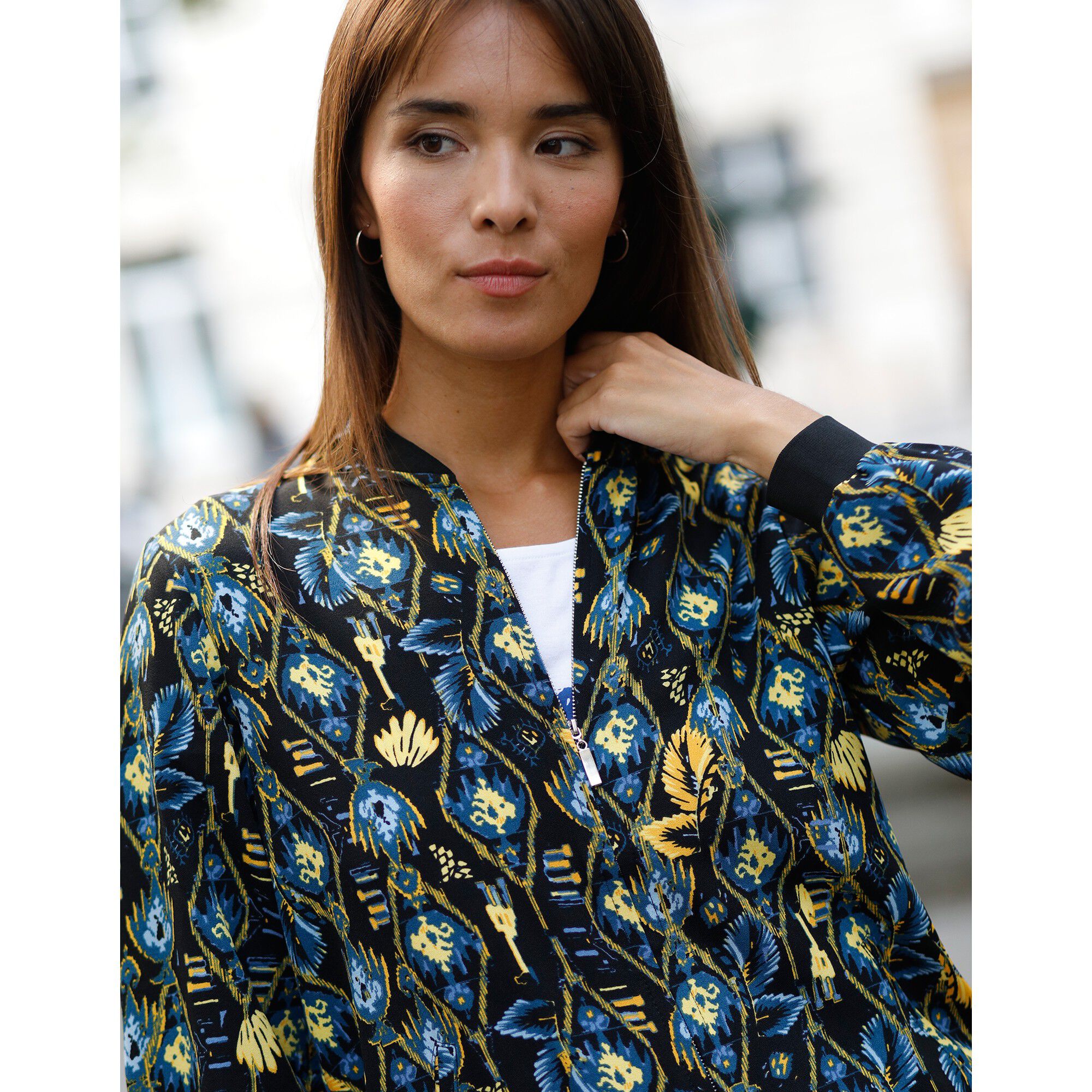 Veste bombers zippée imprimée, crêpe