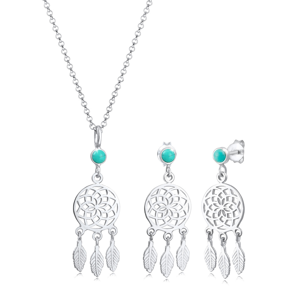 Elli Elli Ensemble de Bijoux Kette Hänger Traumfänger Boho Howlith 925 Silber Bijoux