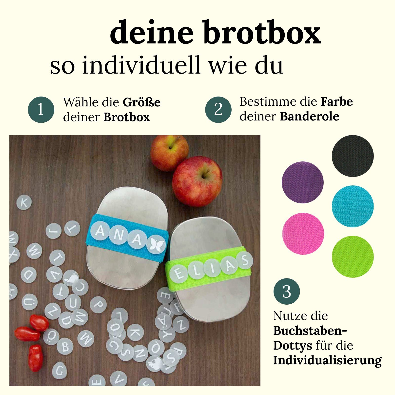 BewusstGrün Lunchbox DottyBox Edelstahl Brotdose mit Fächern für Kinder, DottyBox mit Steg, (Original DottyBox-System mit Klettband), Personalisierbare Brotdose für Kindergarten und Schule