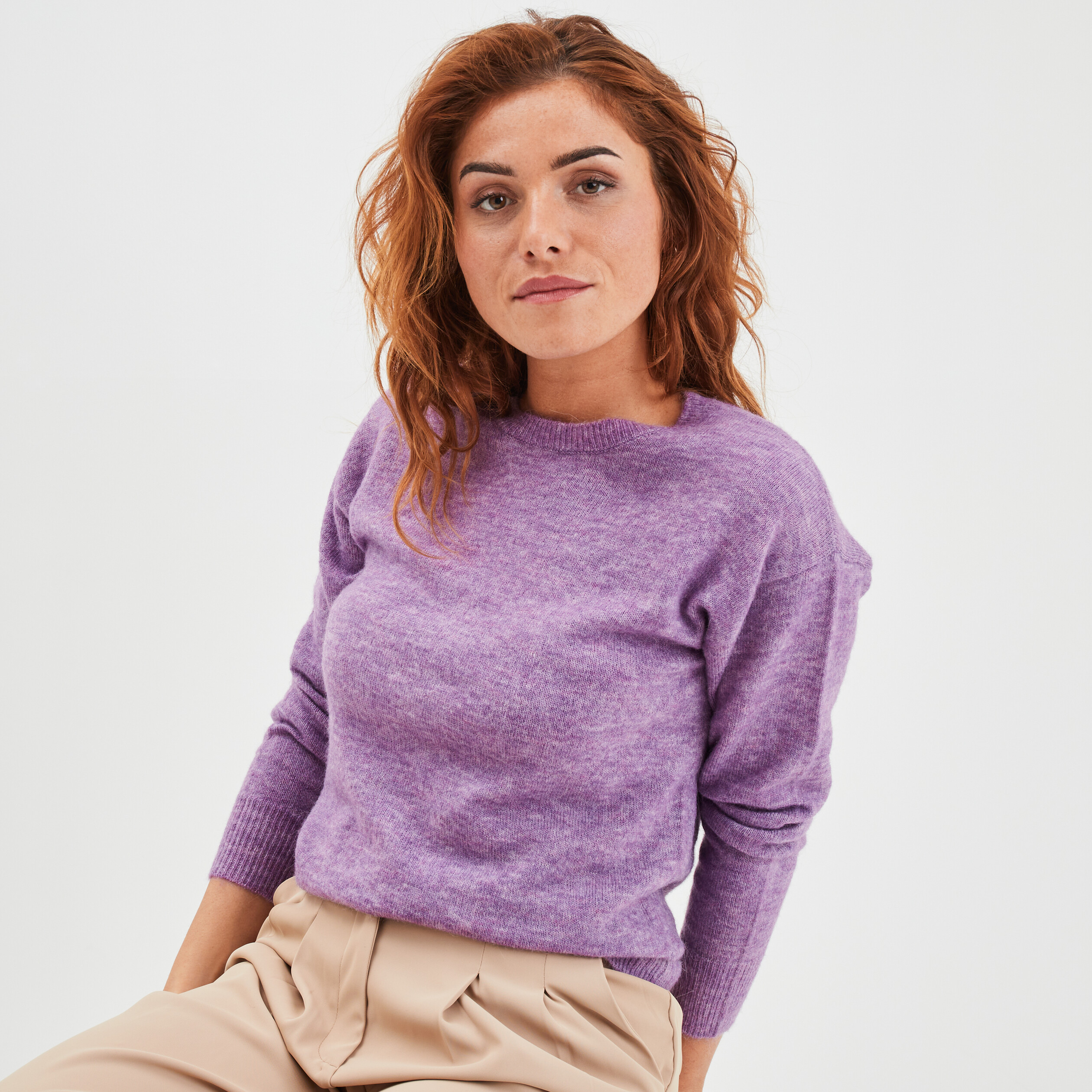 Pull col rond manches longues violet femme | La Halle
